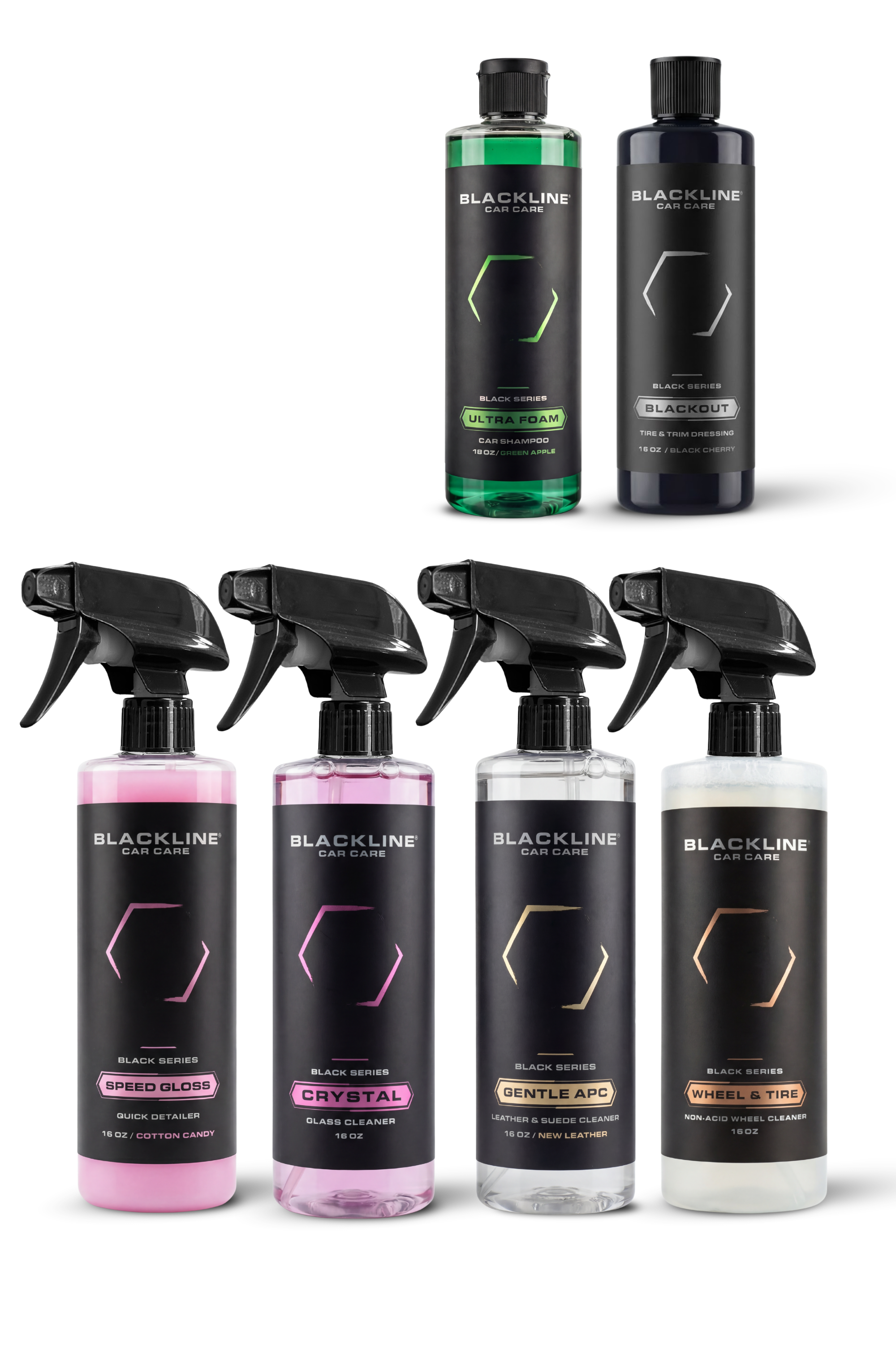 Blackline Chemical Kit 16oz car care product bottles bundled together on a white background.