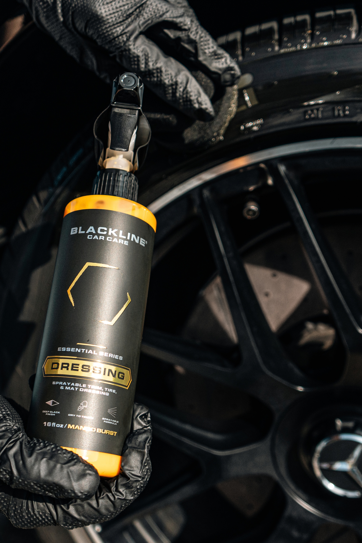 Blackline Essential Series Dressing black bottle on dark background.