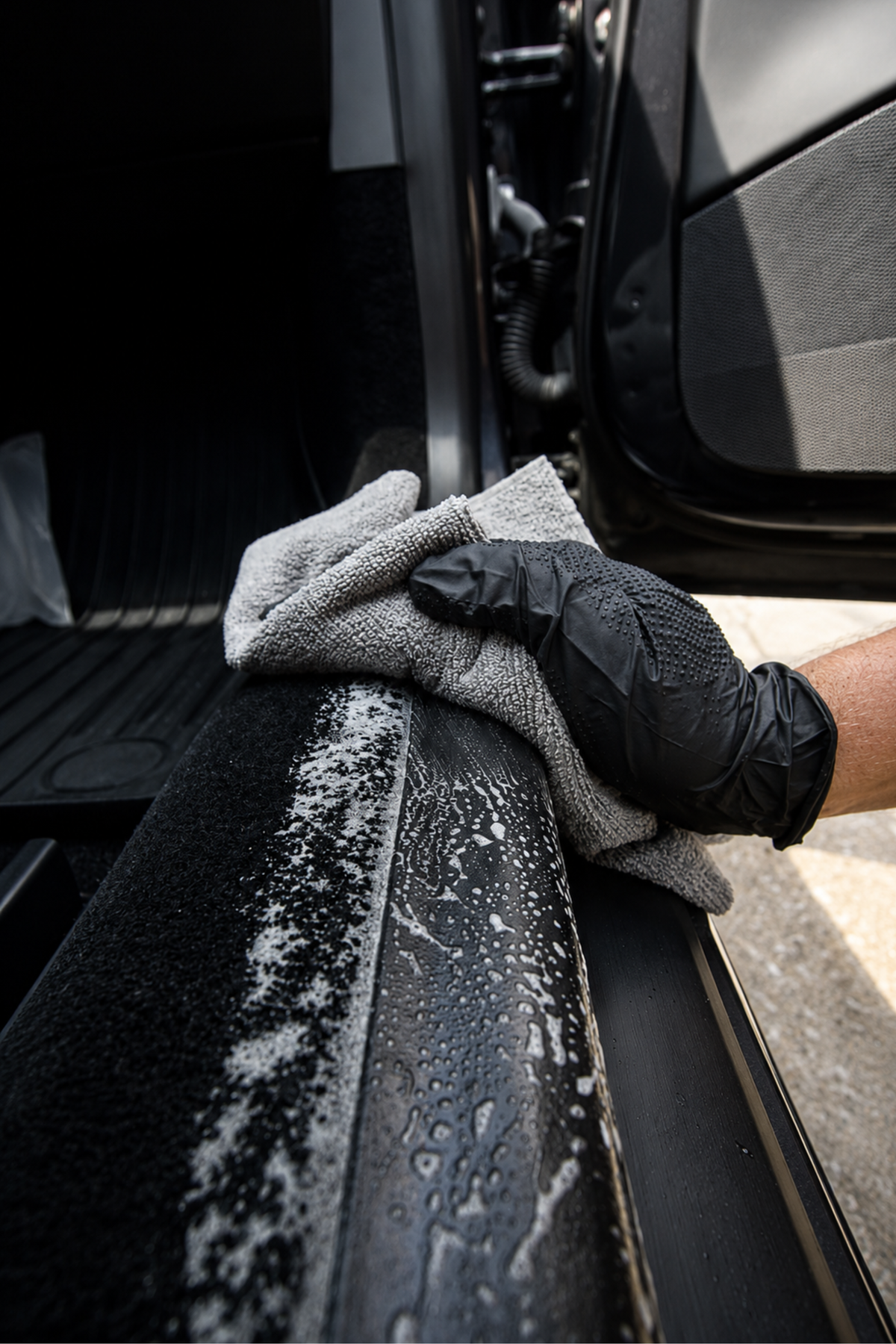 Blackline Everyday Microfiber Towel draped over car door showing softness