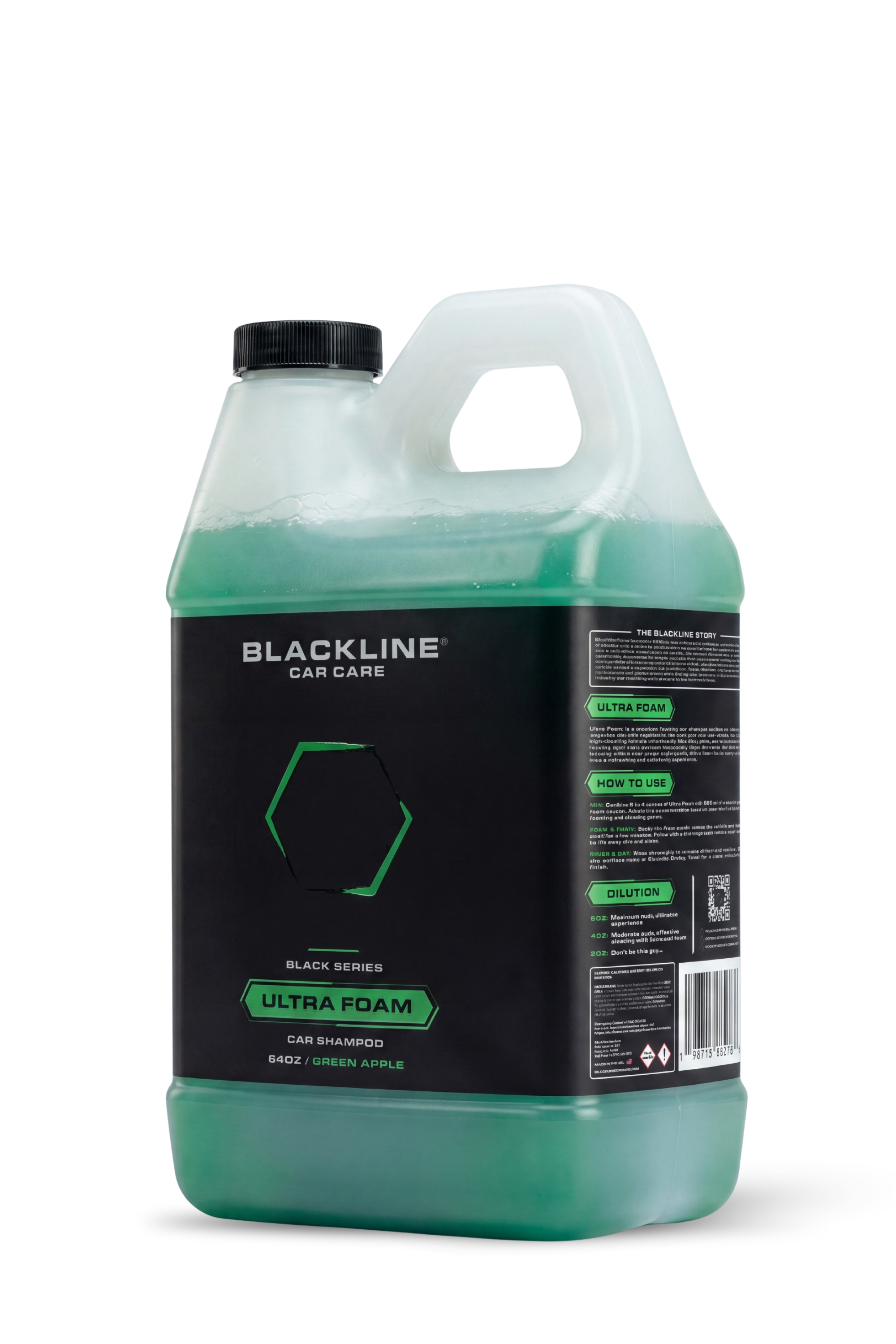 Blackline Ultra Foam car shampoo in Green Apple scent, 64oz refill bottle.