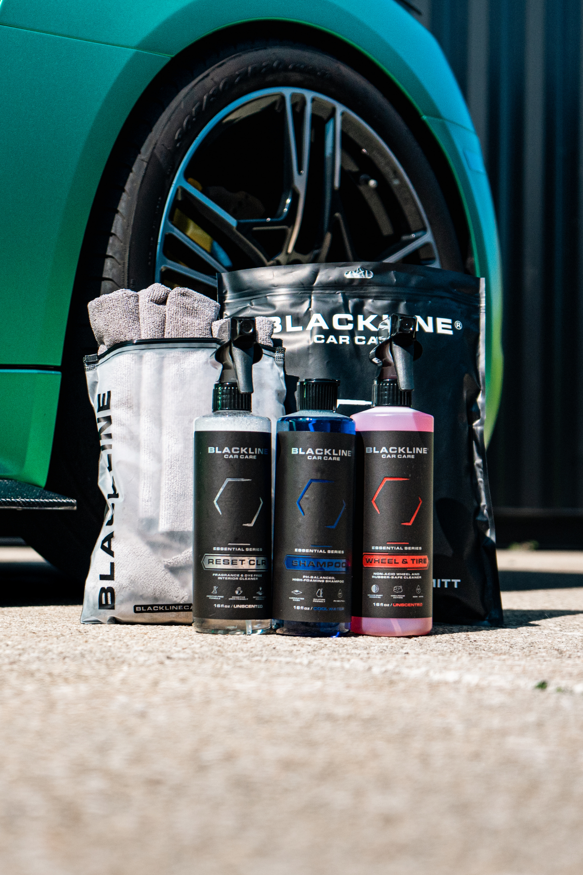 Essential Detailing Kit all included products displayed overhead on dark surface