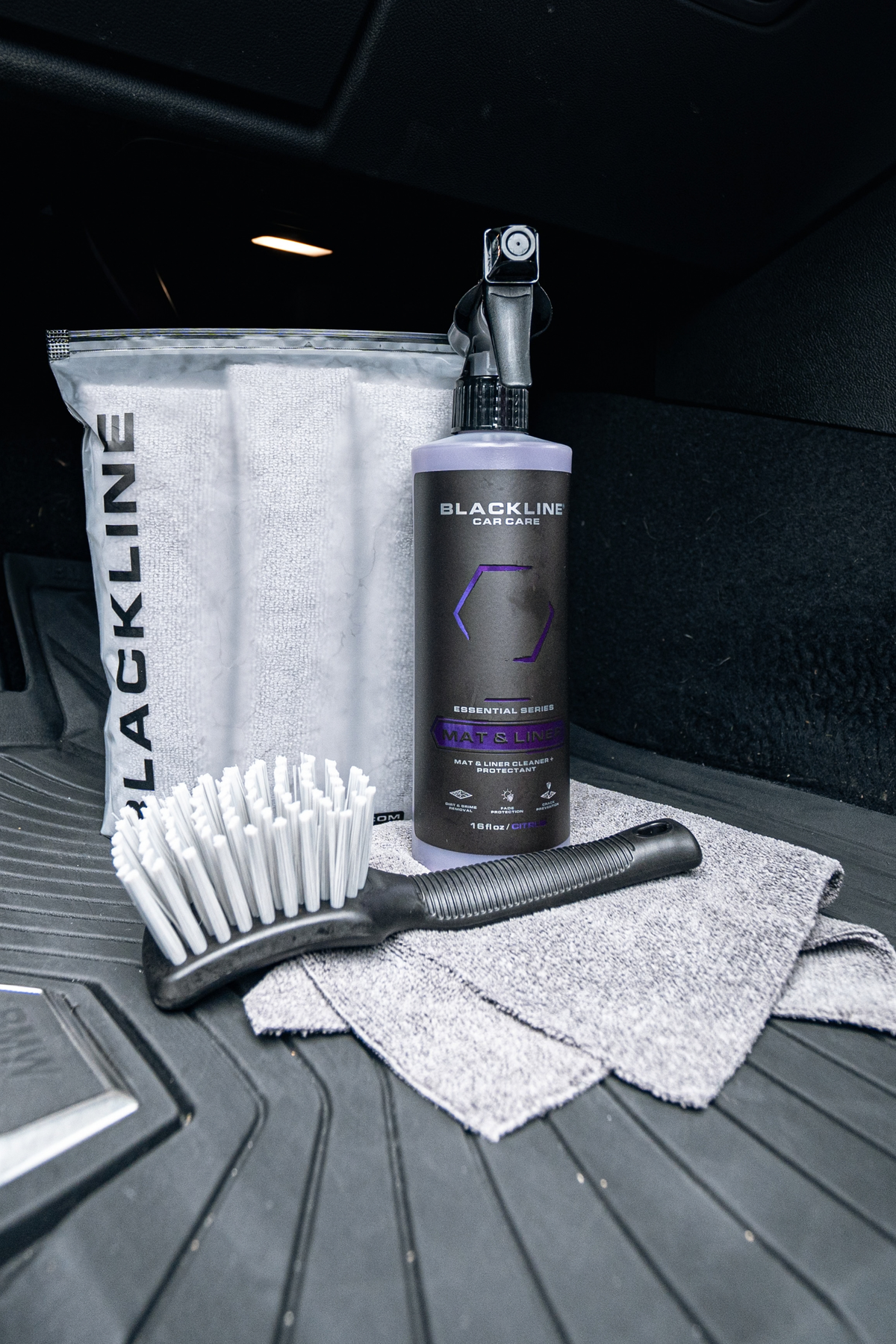 Clean restored car floor mats after treatment with Blackline Mat and Liner cleaner.
