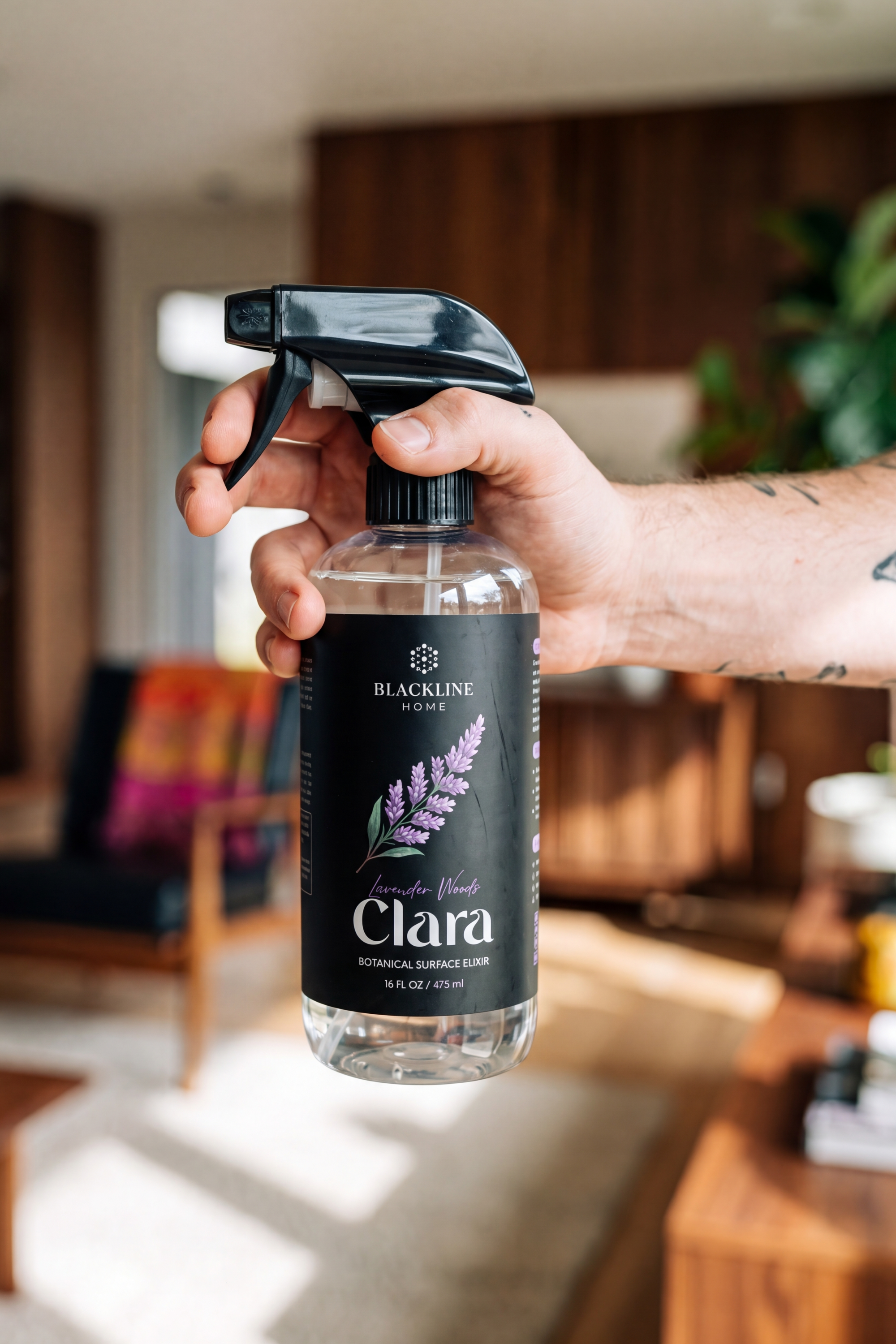 Blackline Home Clara surface cleaner 16oz bottle, one of four available scents in the Blackline Home Natural collection.