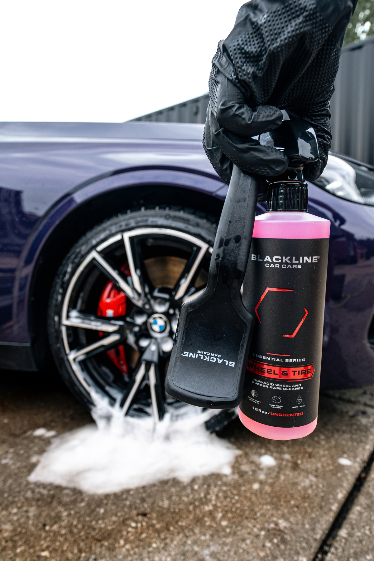Blackline Wheel and Tire cleaner reacting purple with iron contamination on a wheel.