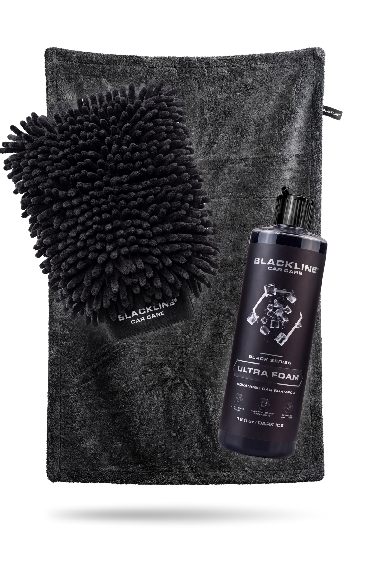 Blackline Chenille Wash Mitt Bundle with Carbon drying towel 2-pack and Ultra Foam Dark Ice 16oz on dark background