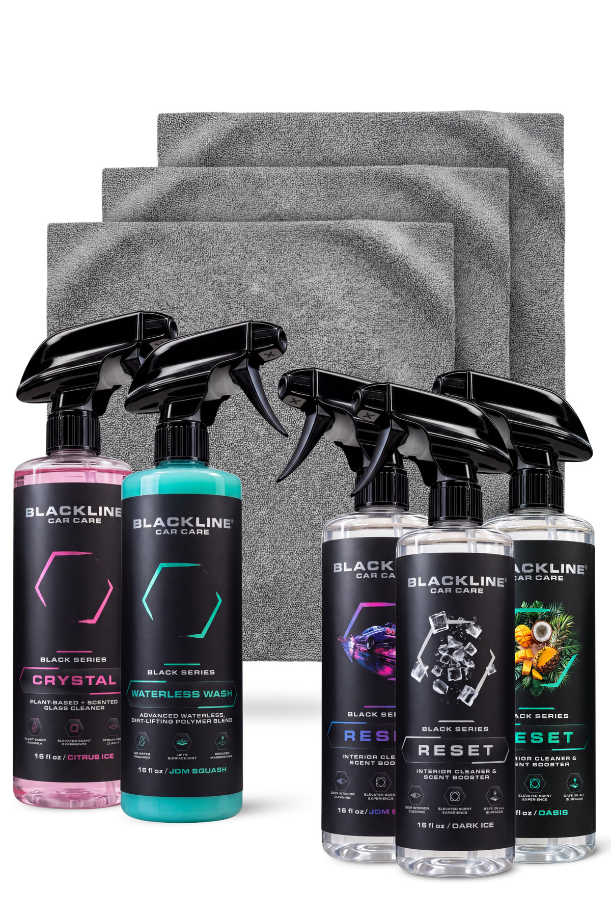 Blackline Reset Fresh scented interior cleaner new customer bundle on dark background
