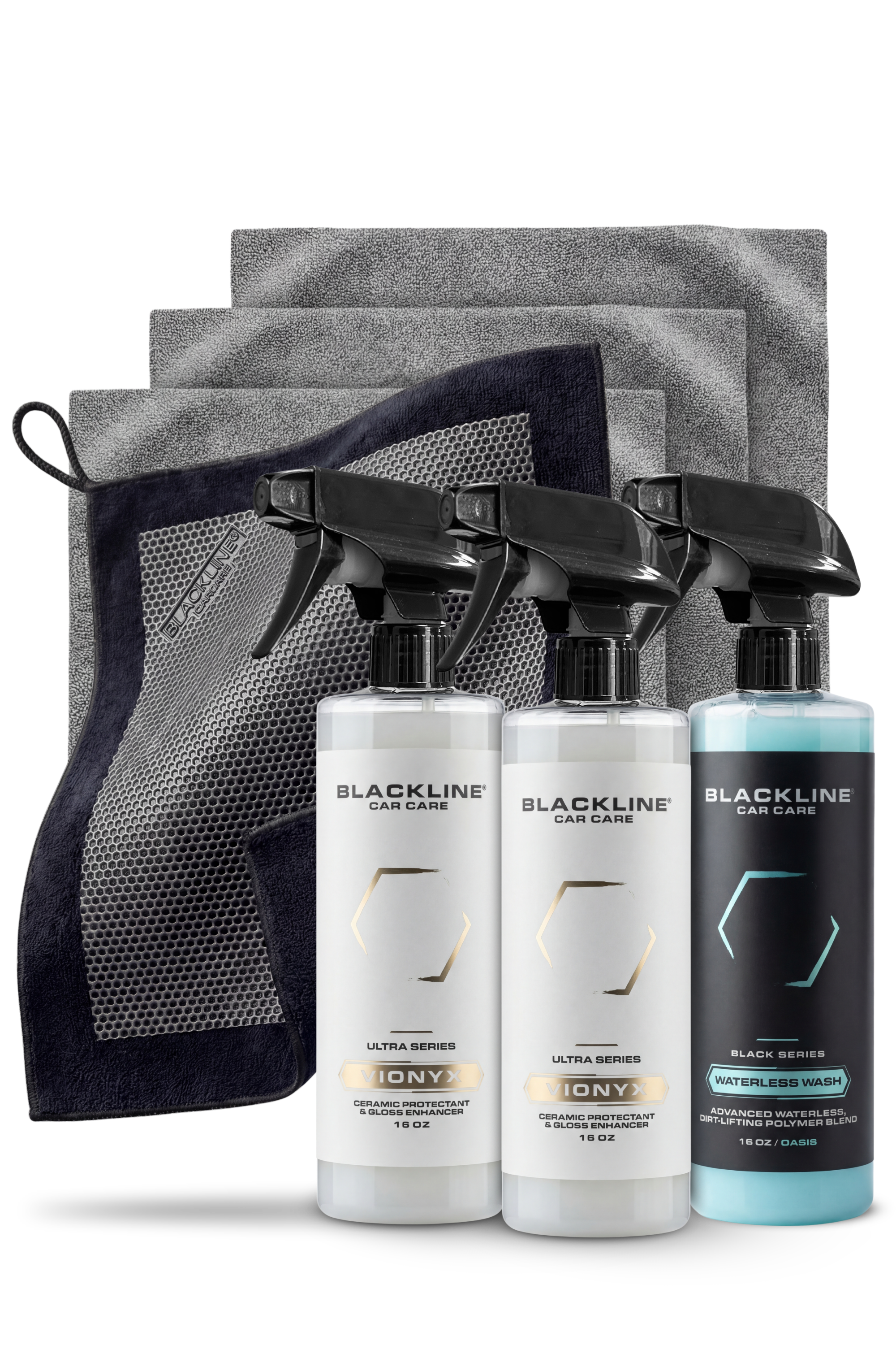 Blackline Vionyx ceramic protection care bundle, complete set of ceramic coating products on a clean surface.