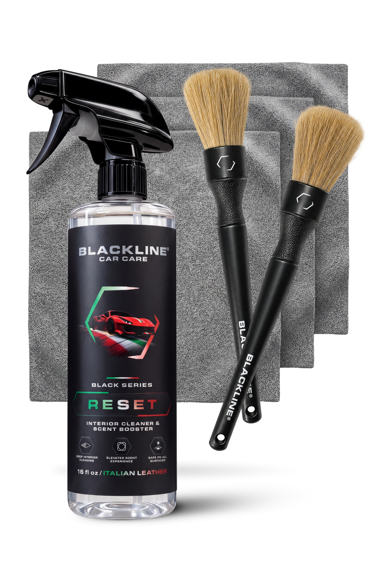 Blackline Reset Interior Cleaner Italian Leather Complete System with spray bottle and accessories