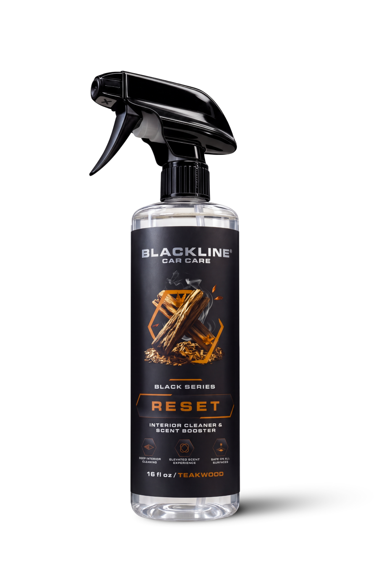 Blackline Reset Interior Cleaner Teakwood single black spray bottle on white background