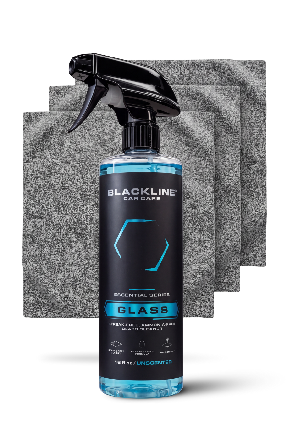 Blackline Glass Cleaner 16oz with microfiber cloths for streak-free results