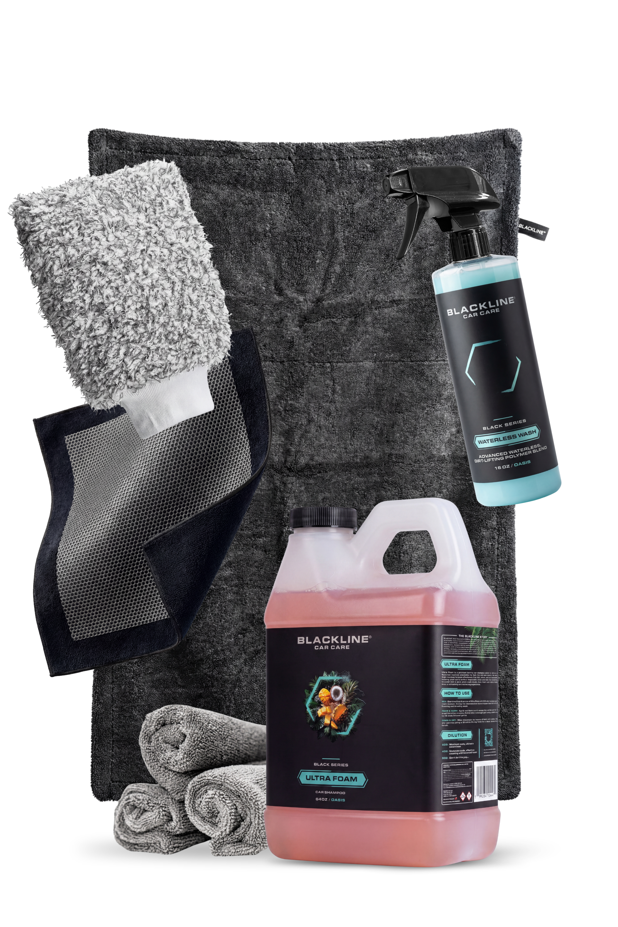 ❯ Blackline Ultra Foam Full Experience bundle in Oasis scent, 64oz, with bottle, foam cannon, hose, and full kit.
