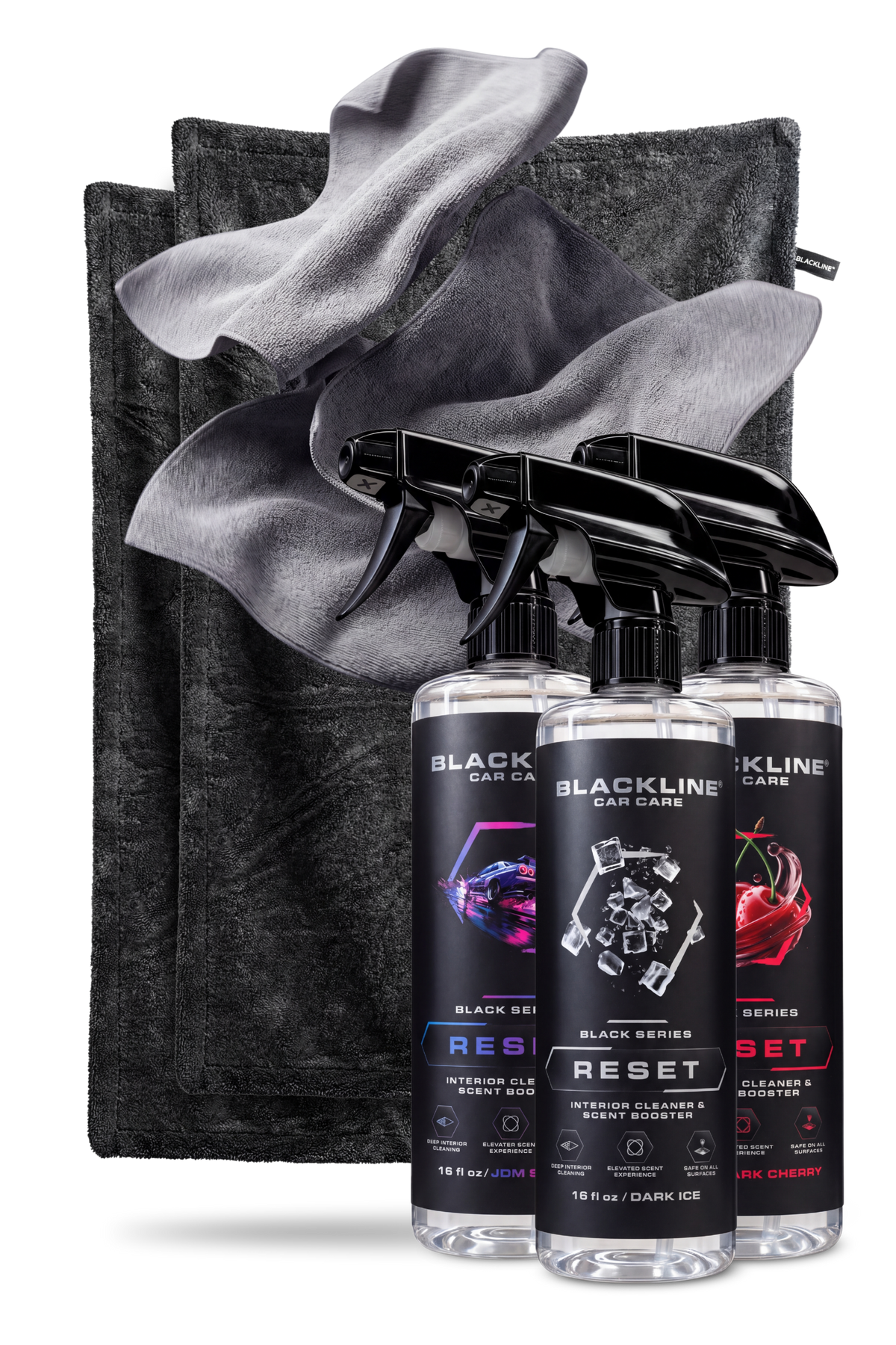 Blackline Carbon drying towel and Bold Reset interior cleaner bundle on dark background