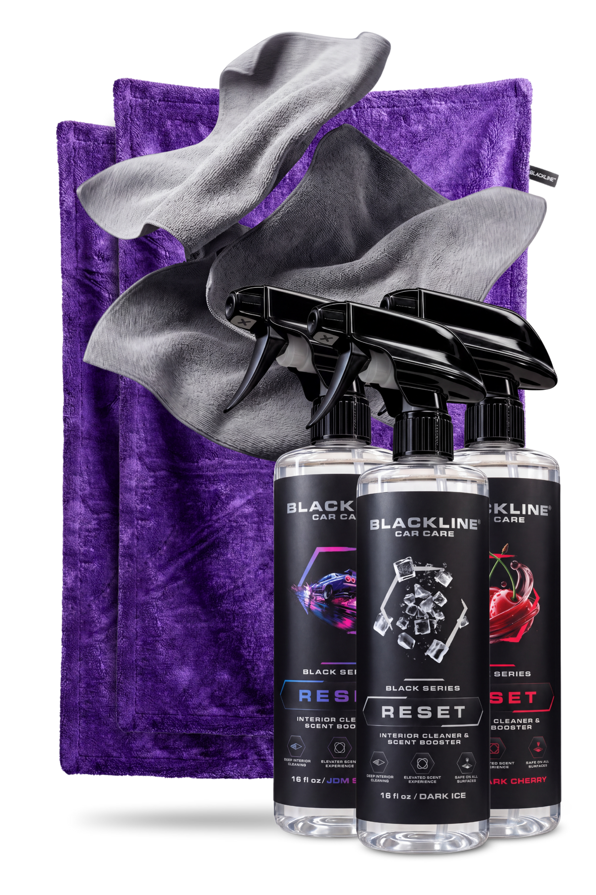 Blackline Midnight drying towel and Bold Reset interior cleaner bundle on dark background