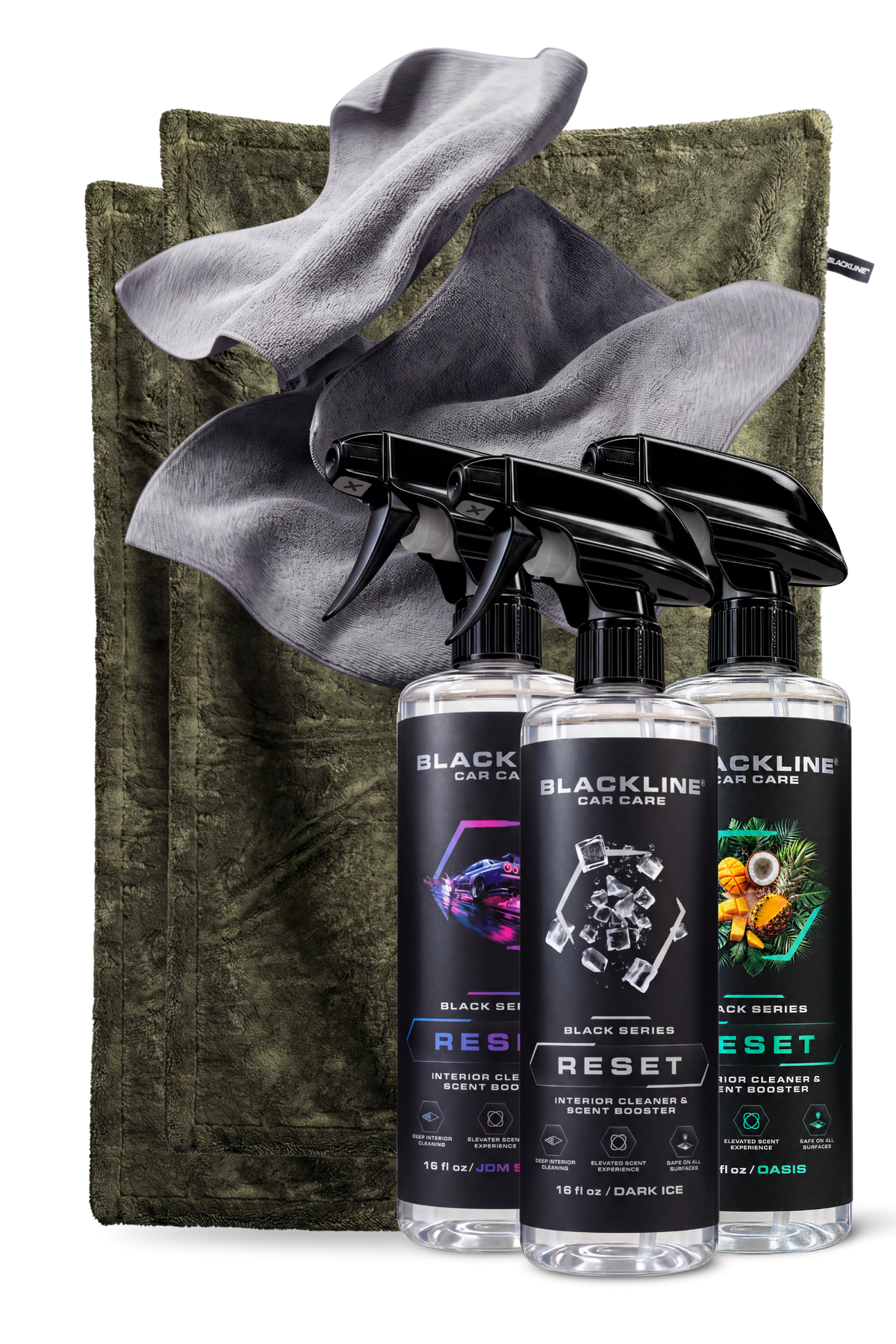 Blackline Army drying towel and Fresh Reset interior cleaner bundle on dark background