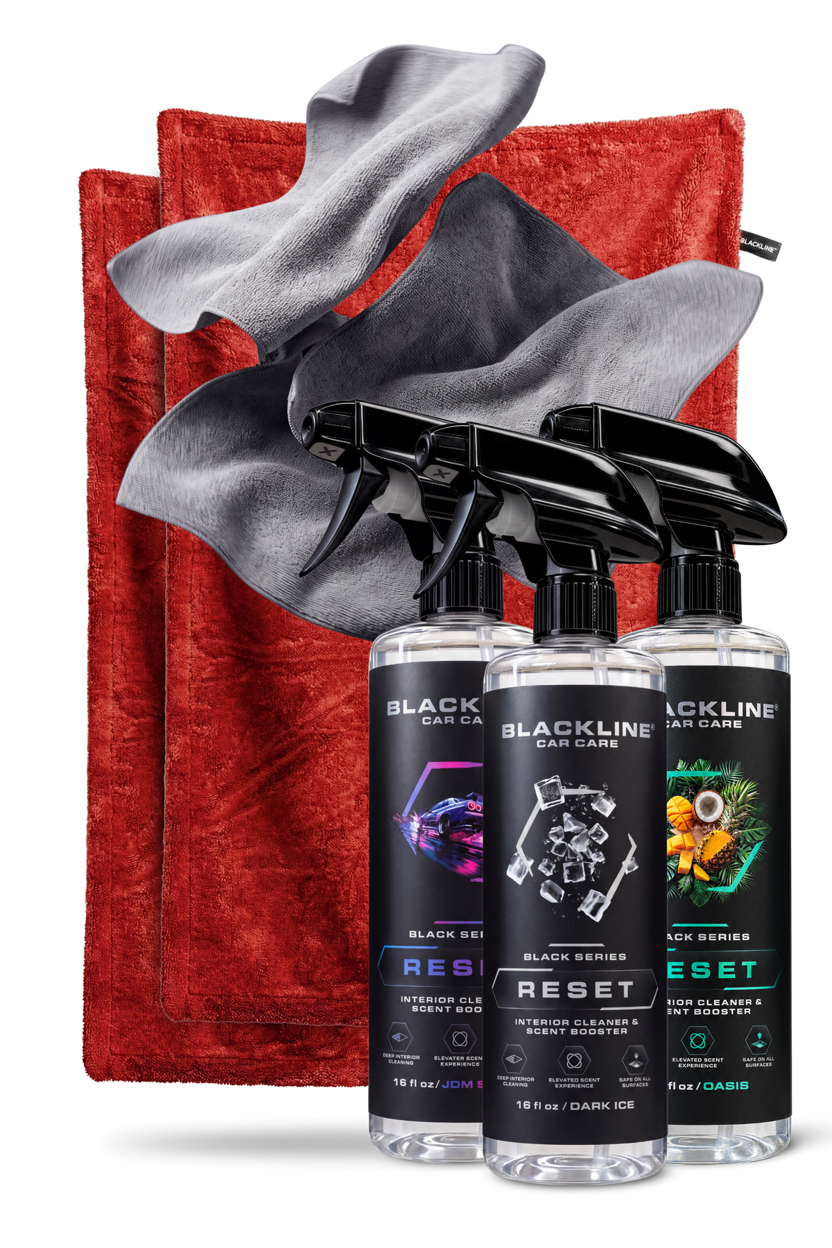 Blackline Crimson drying towel and Fresh Reset interior cleaner bundle on dark background