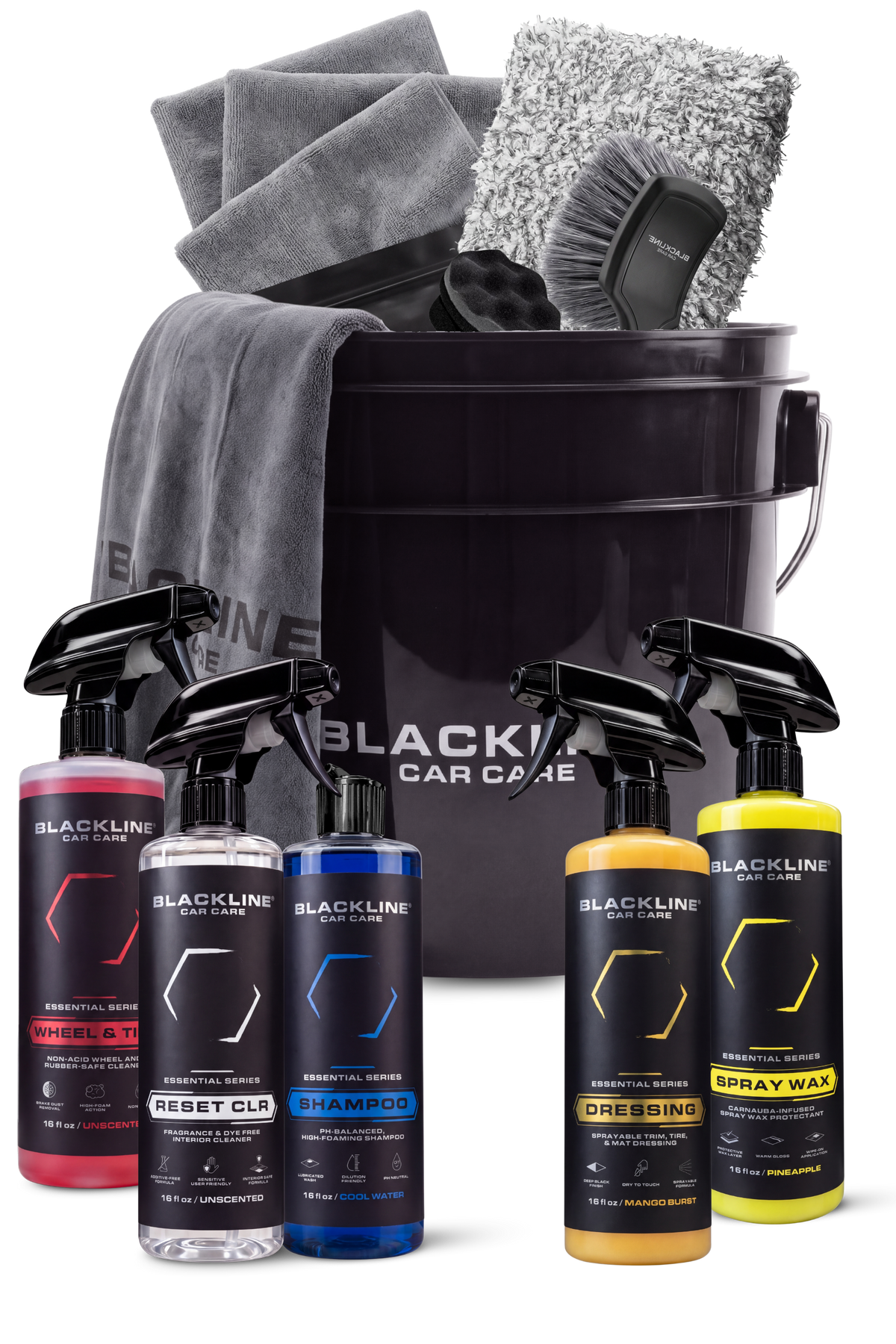 Blackline Complete Wash Kit 14-piece exterior wash bundle, new label packaging product render
