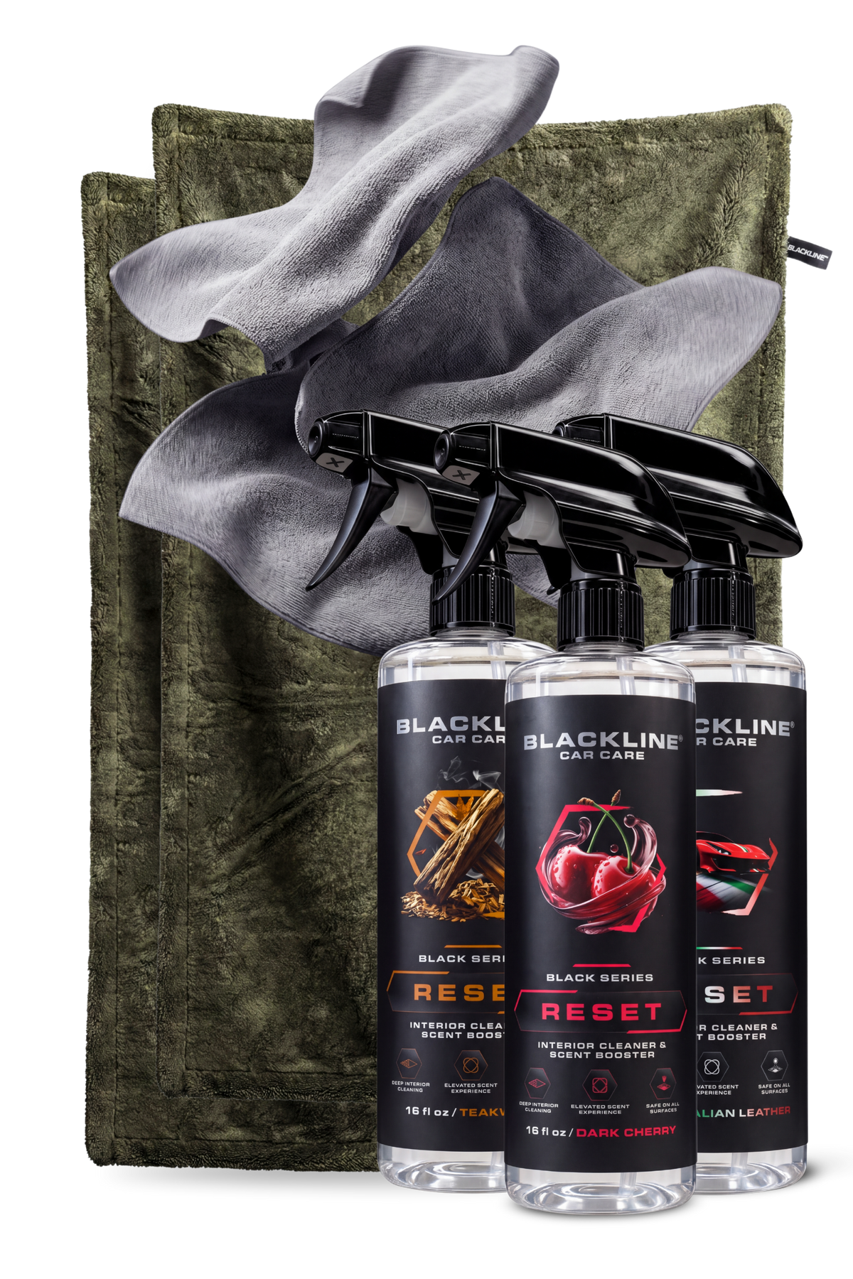 Blackline Army drying towel and Rich Reset interior cleaner bundle on dark background