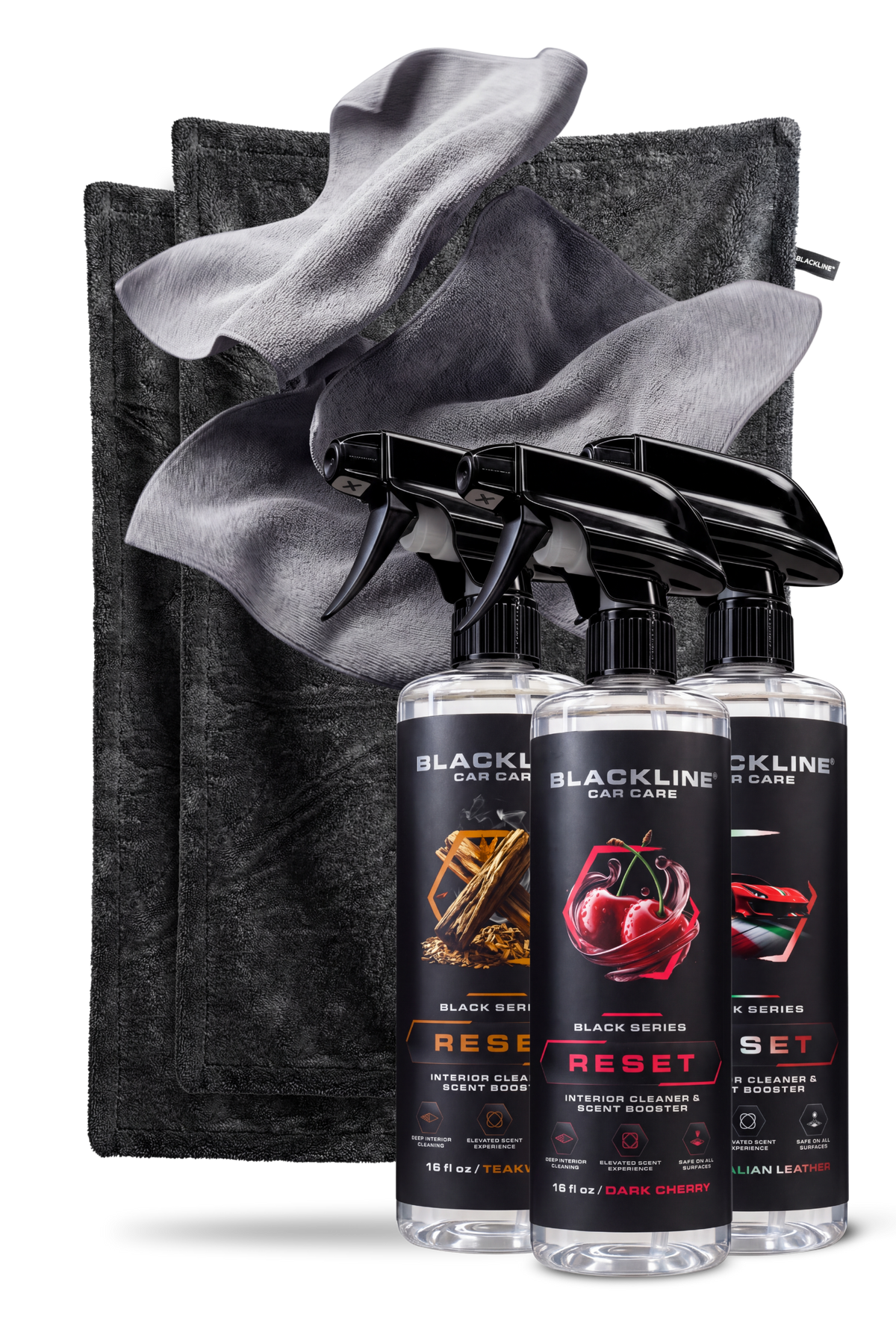Blackline Carbon drying towel and Rich Reset interior cleaner bundle on dark background