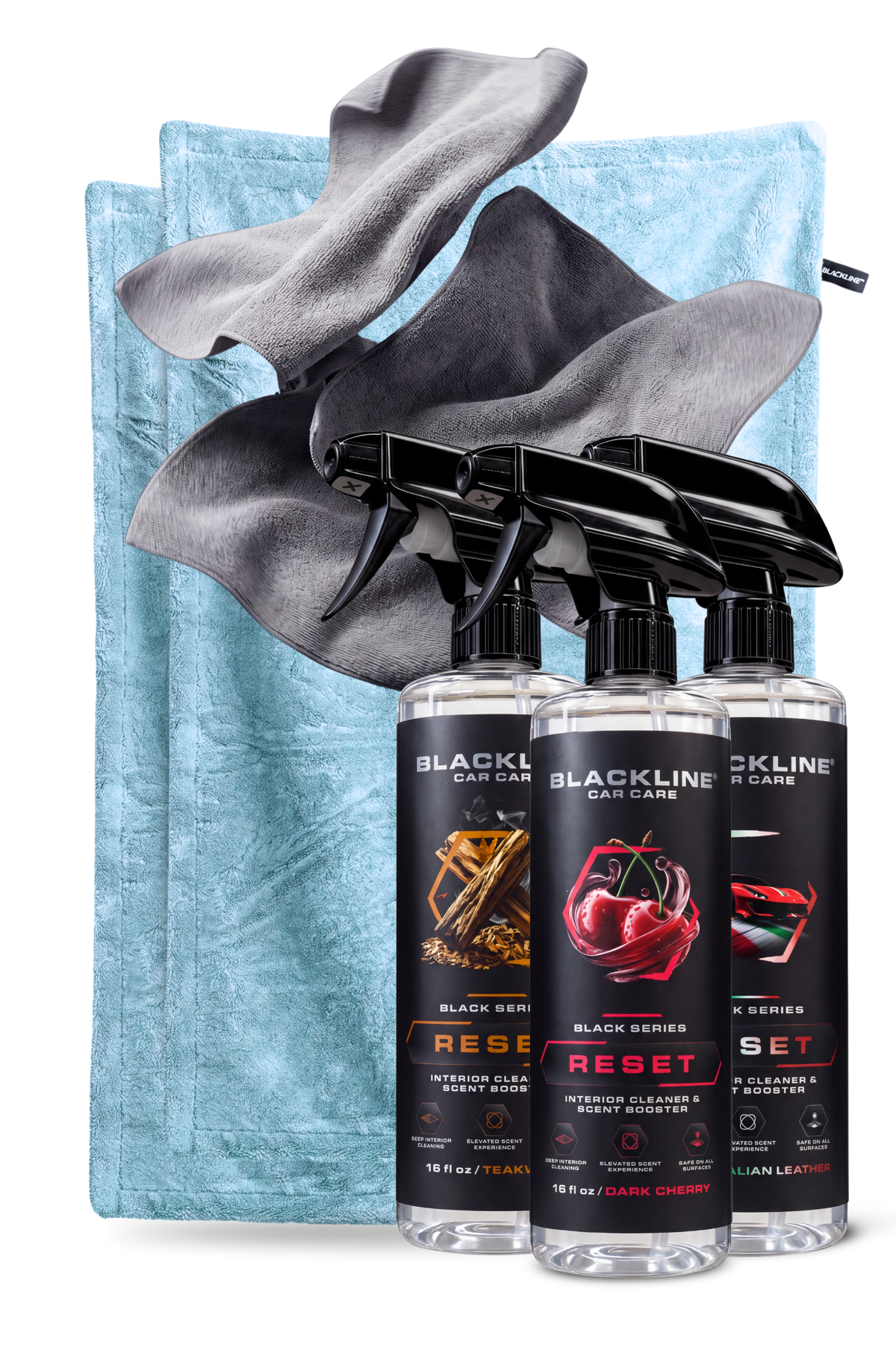Blackline Glacier drying towel and Rich Reset interior cleaner bundle on dark background