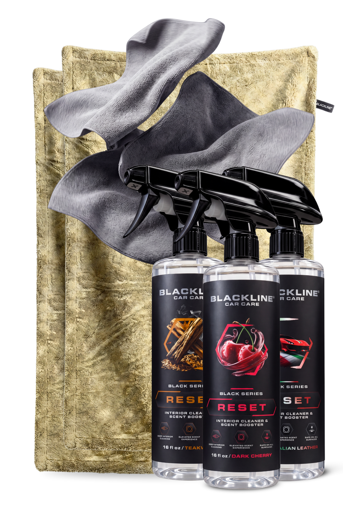 Blackline Sand drying towel and Rich Reset interior cleaner bundle on dark background