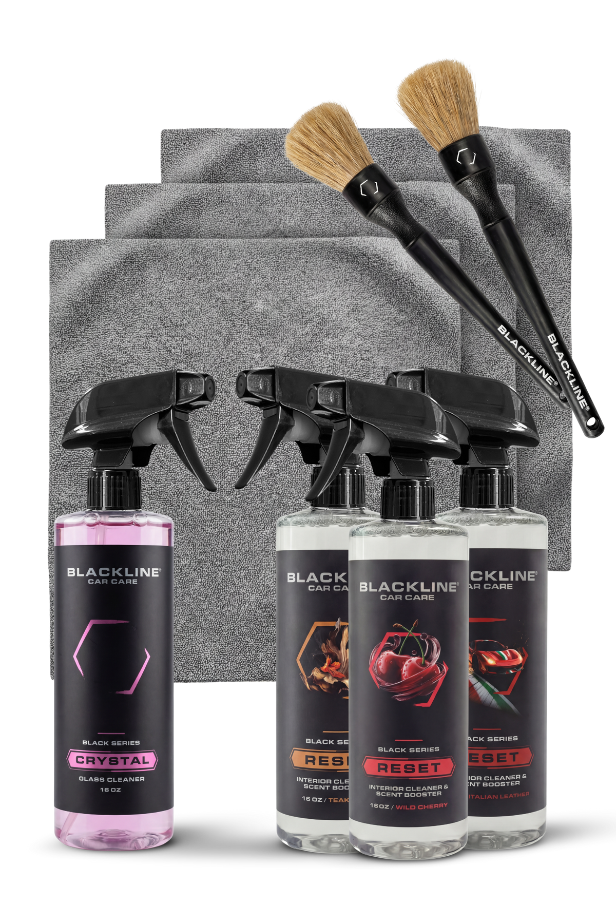 Blackline Reset 3-Pack Vibes Bundle in Rich scents — three interior cleaner spray bottles.
