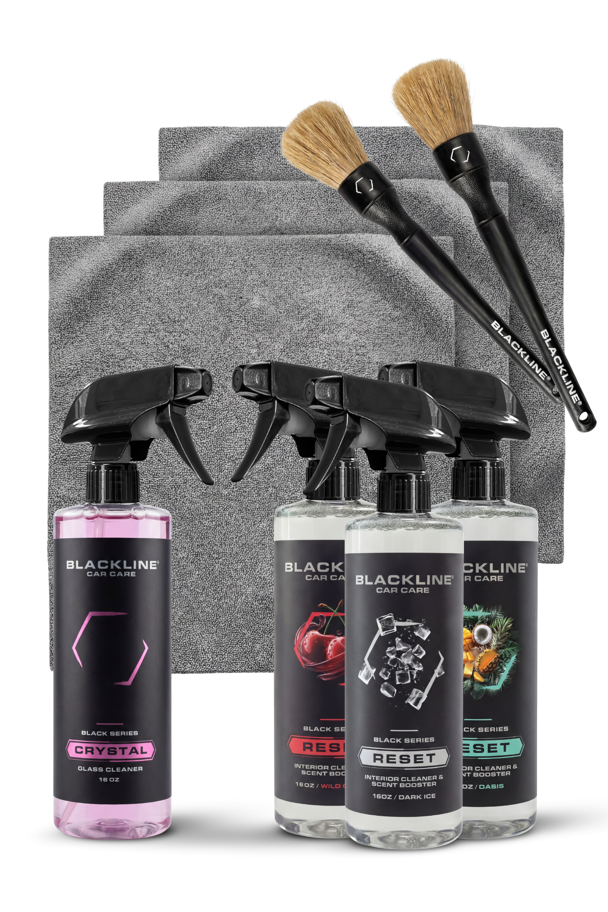 Blackline Ultimate Reset Kit bundle: interior cleaner, boar's-hair brush, microfiber towels, and glass cleaner.