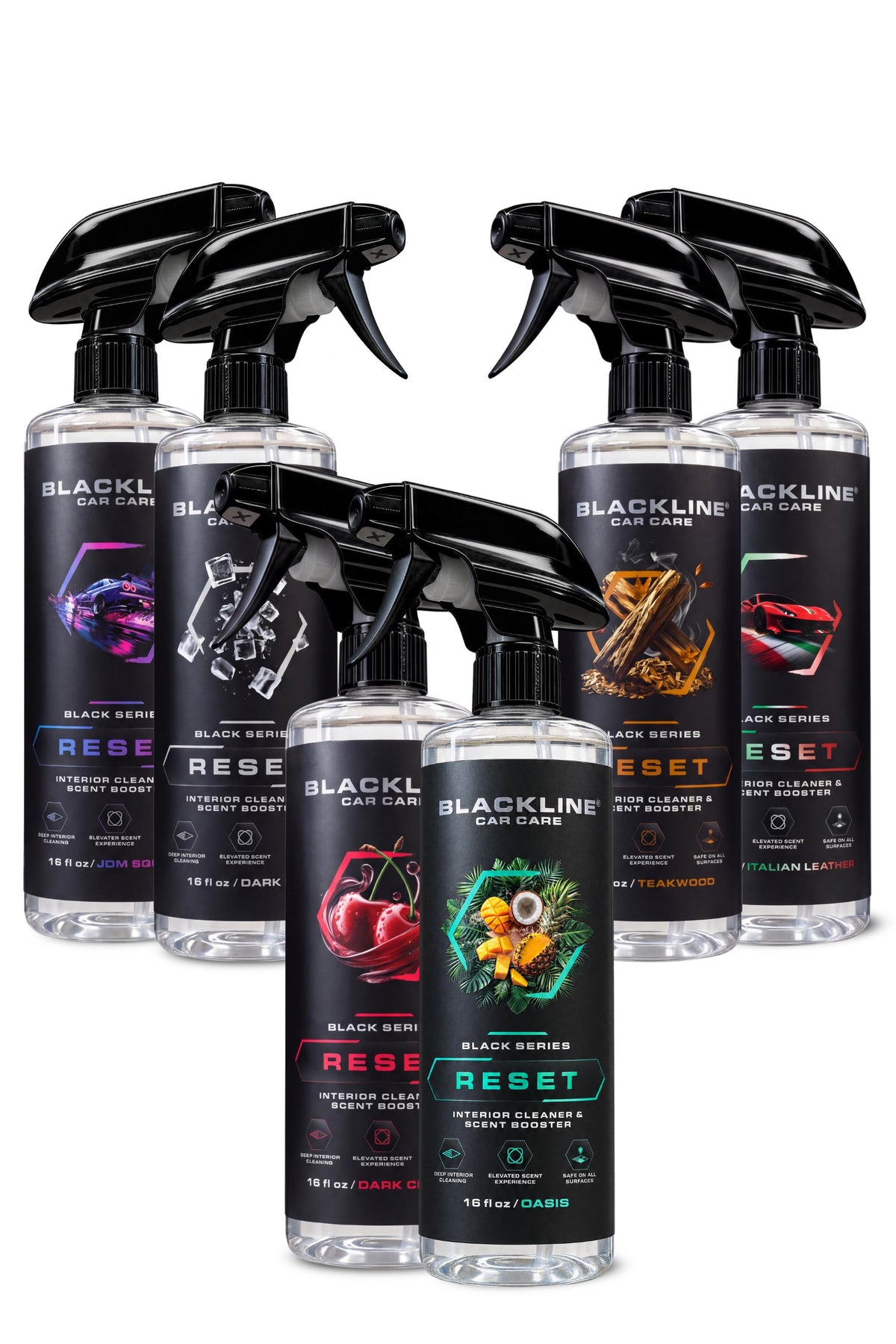 Blackline Reset interior cleaner with built-in scent booster in use inside a vehicle