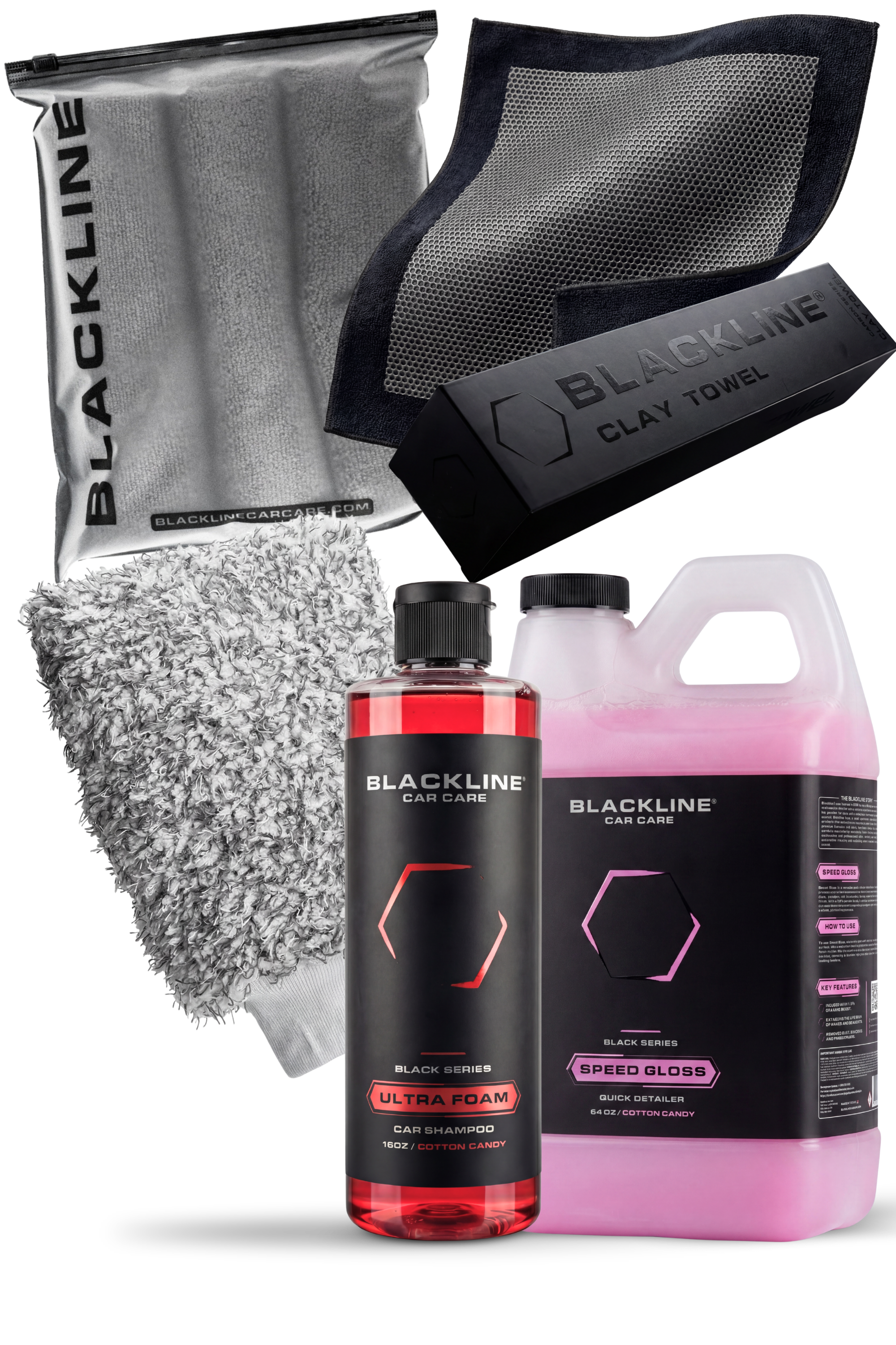 Blackline Speed Gloss clay kit with clay towel, Ultra Foam shampoo, wash mitt, and microfiber towel on a white background.
