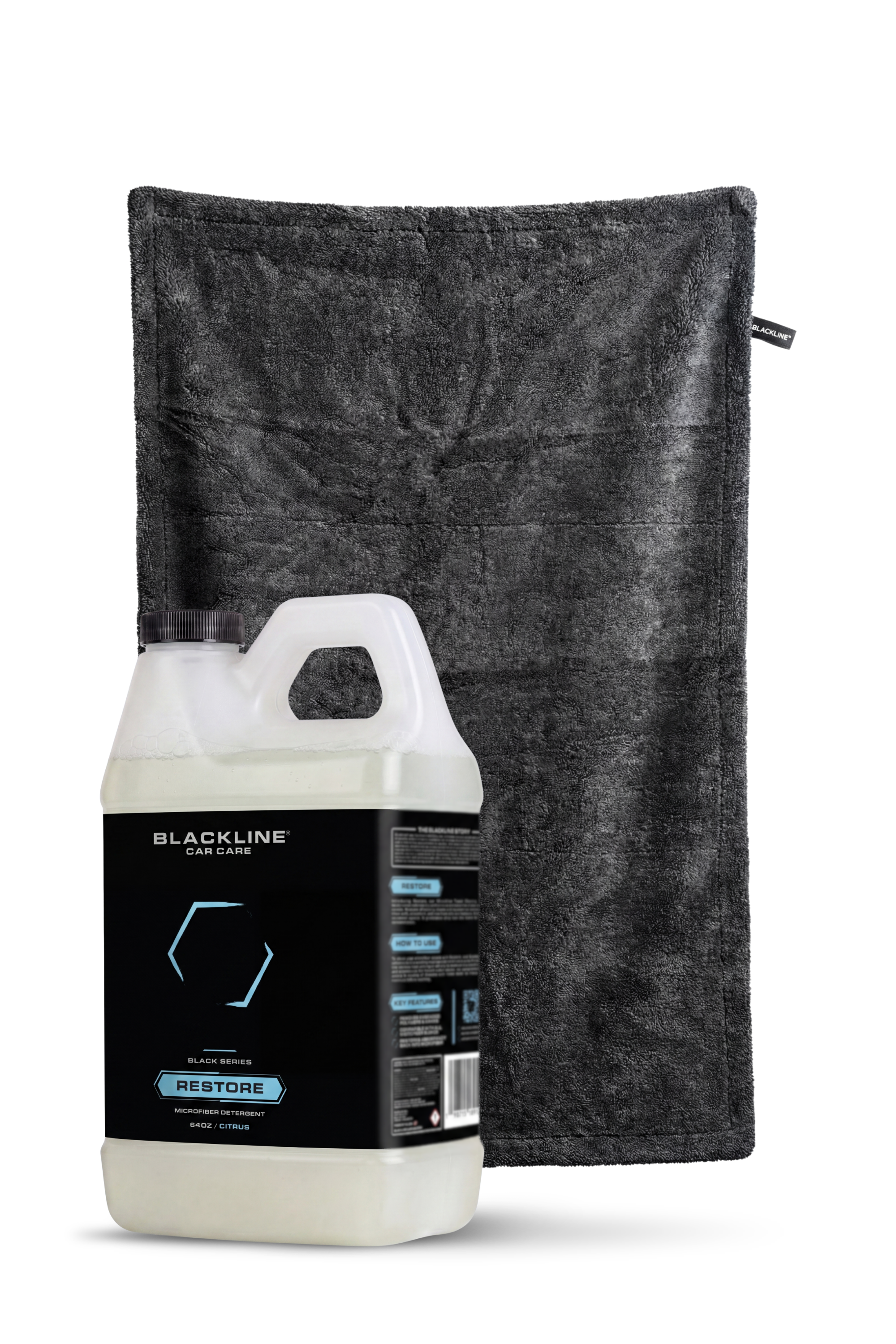 Blackline Restore Microfiber Detergent 64oz refill bundled with clean microfiber towels.