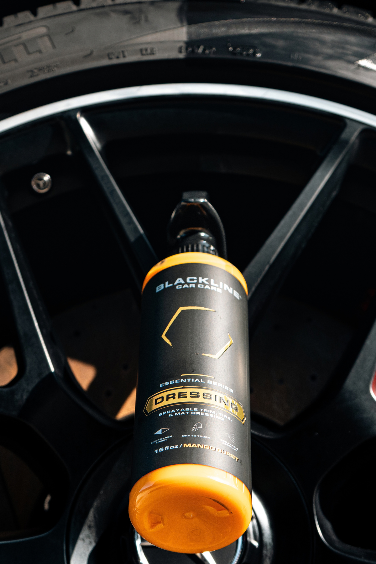 Vehicle trim and tires gleaming after application of Blackline Dressing product.