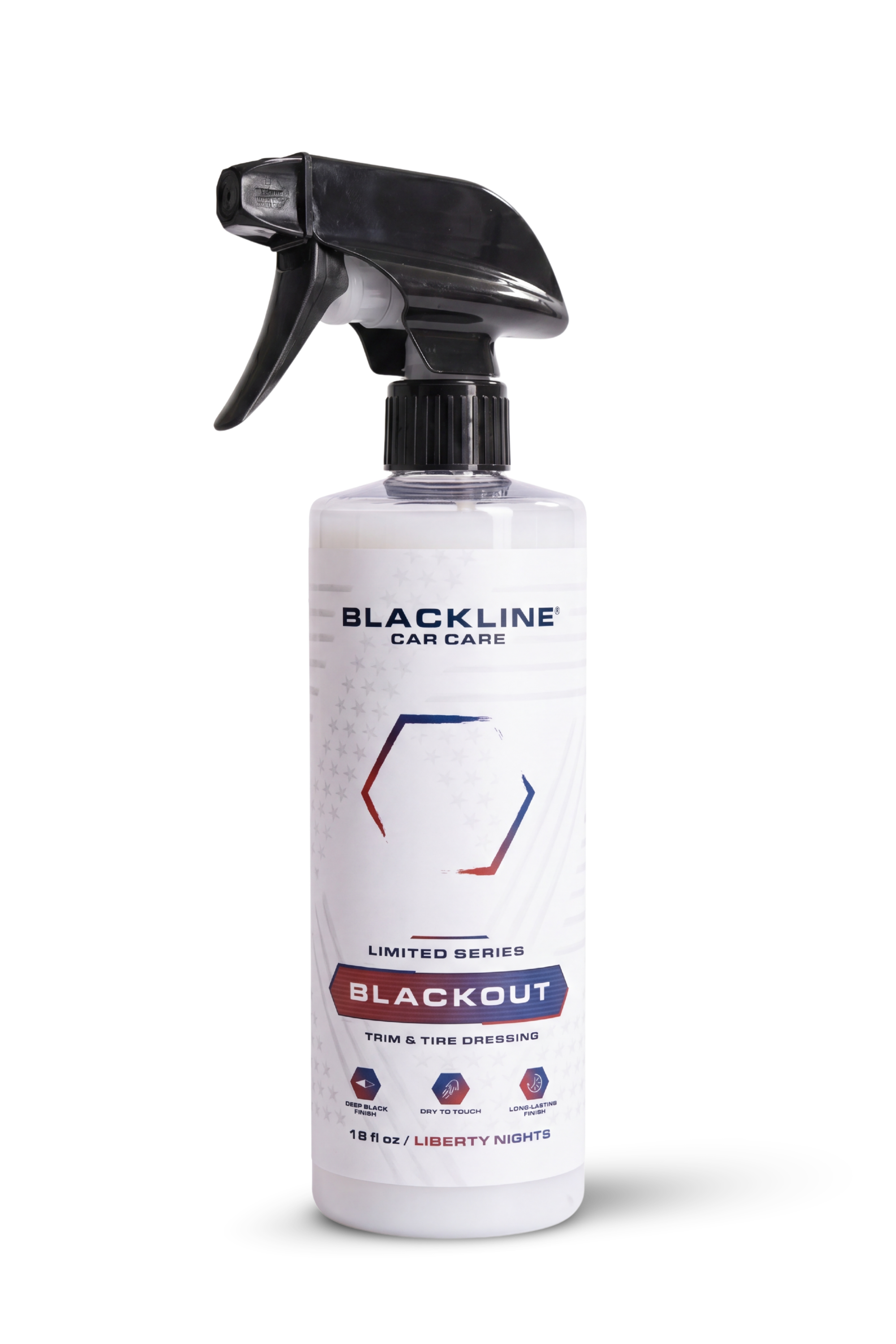 Blackline Blackout Trim & Tire Dressing bottle beside a freshly dressed black tire.
