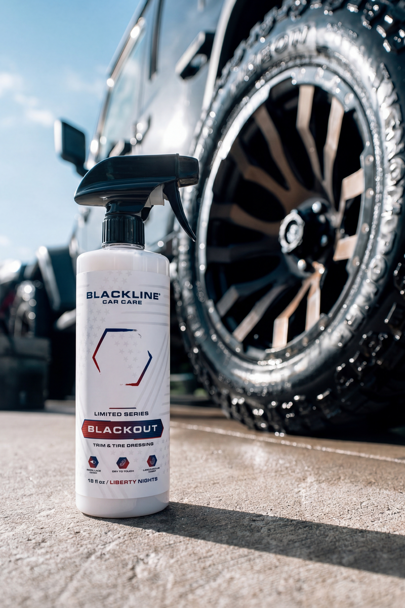 Blackline Blackout Trim & Tire Dressing positioned beside a detailed vehicle wheel.
