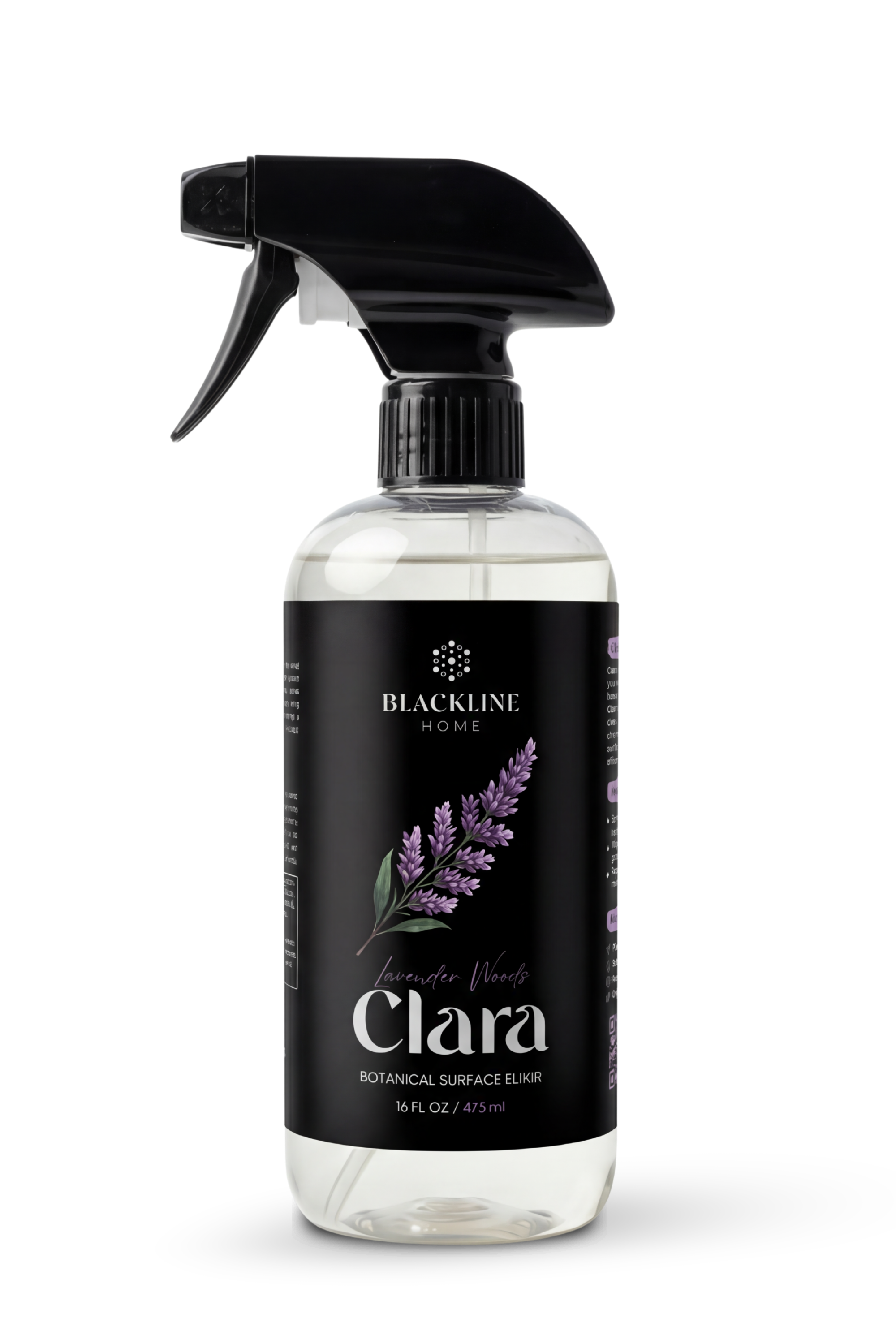 Blackline Home Clara plant-based biodegradable surface cleaner, 16oz spray bottle and trigger applicator.
