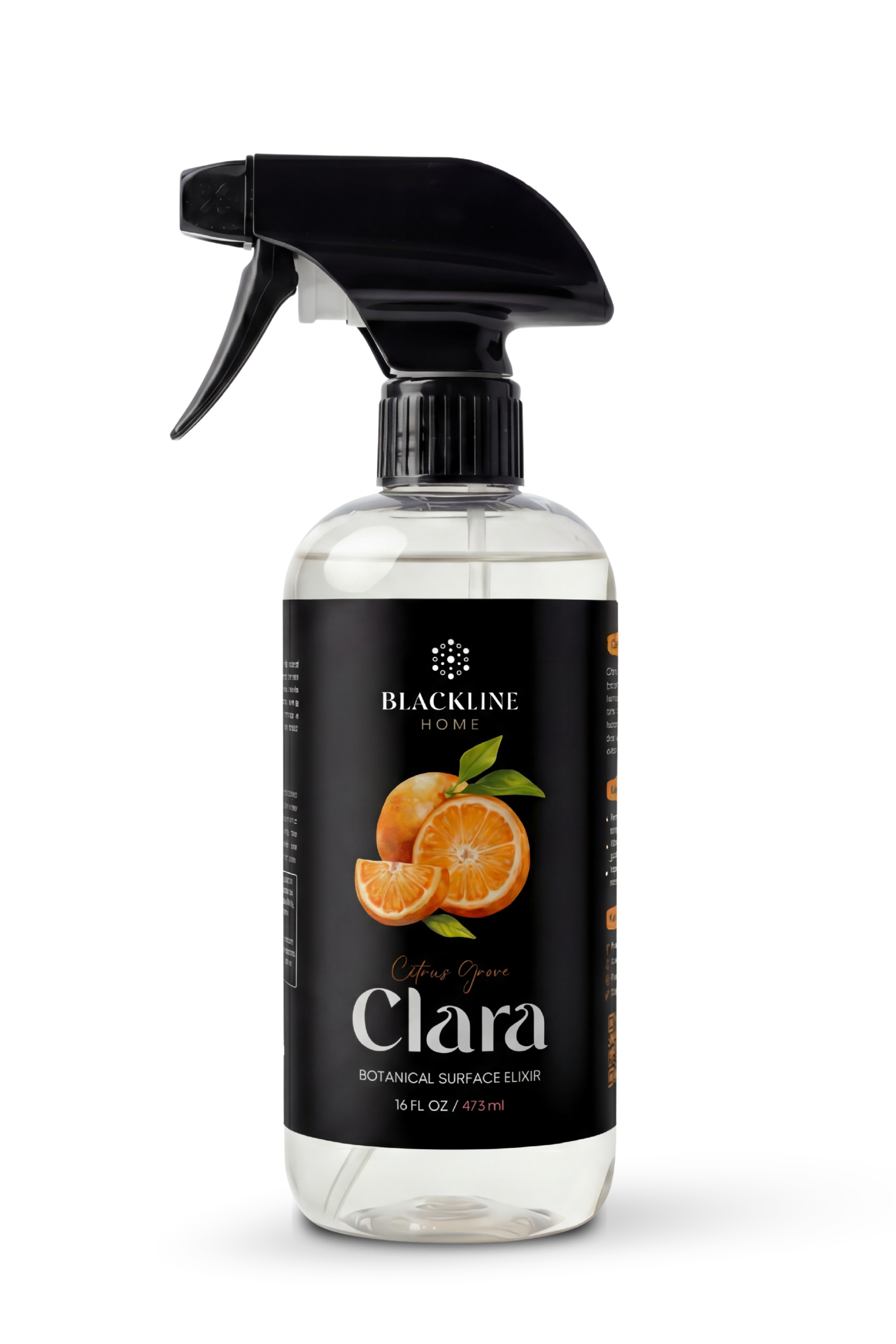 Blackline Home Clara plant-based surface cleaner, 16oz Boston-round bottle with professional trigger sprayer.
