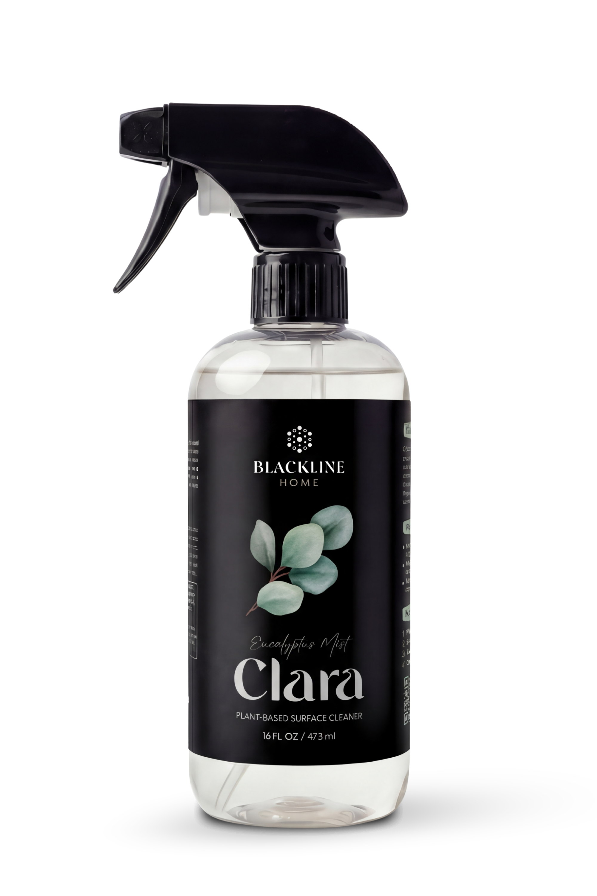 Blackline Home Clara surface cleaner in 16oz Boston-round bottle with trigger sprayer, product shot.