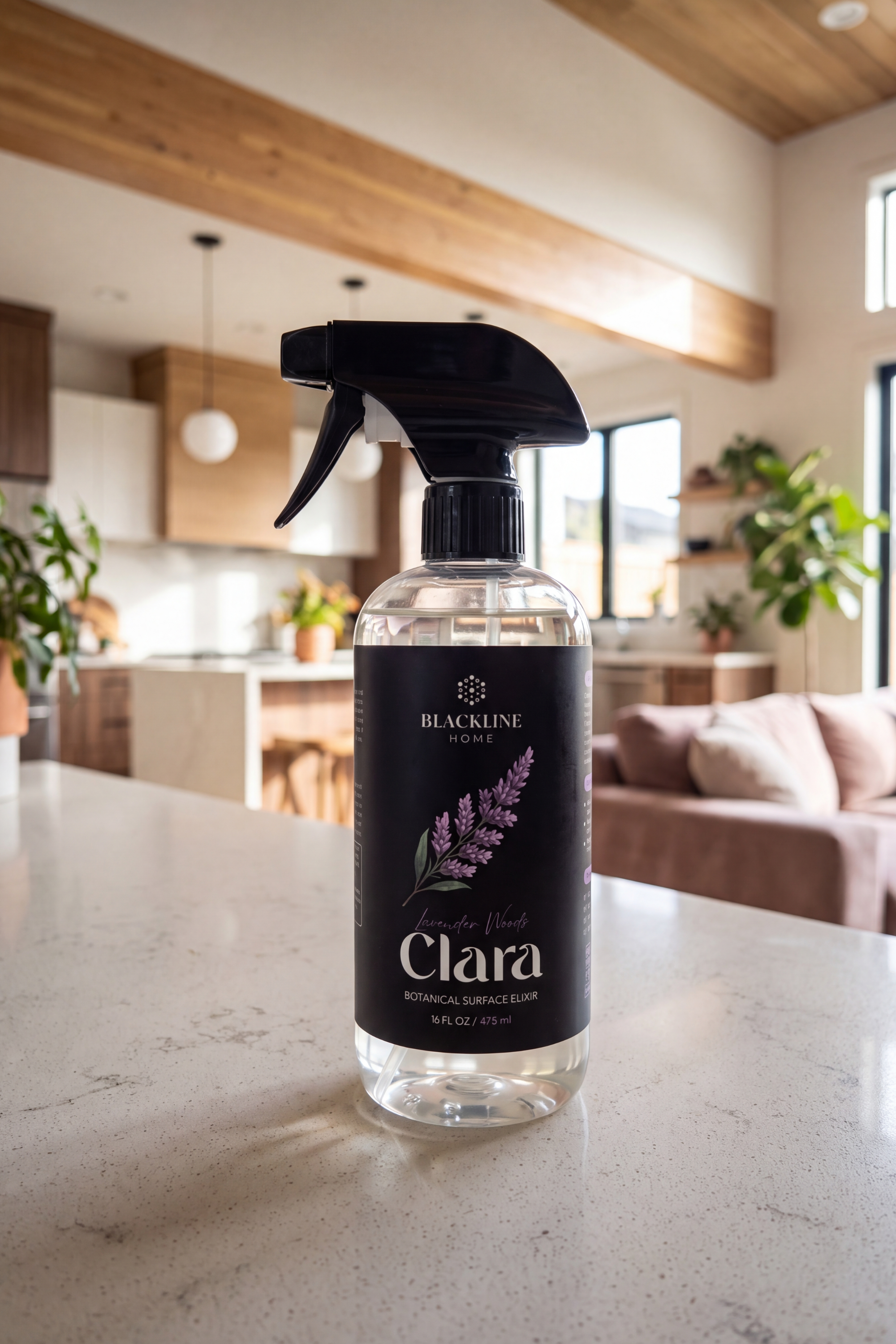 Blackline Home Clara plant-based surface cleaner variety showing four signature scent options in 16oz spray bottles.