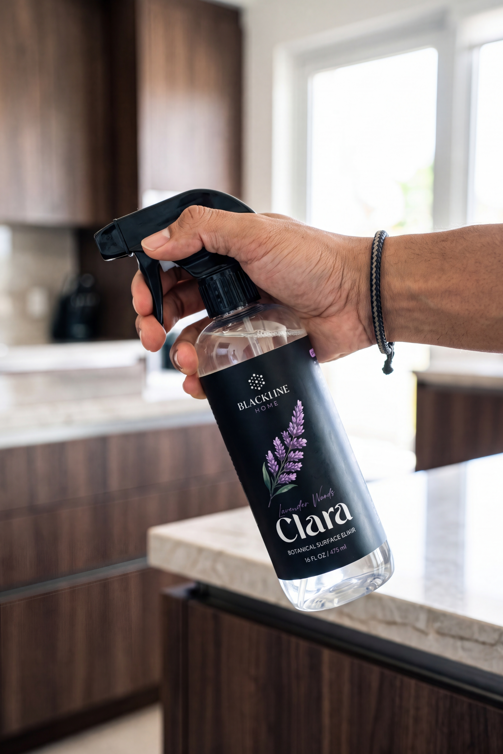 Blackline Home Clara 16oz Boston-round spray bottle, premium plant-based cleaner with botanical scent profiles.