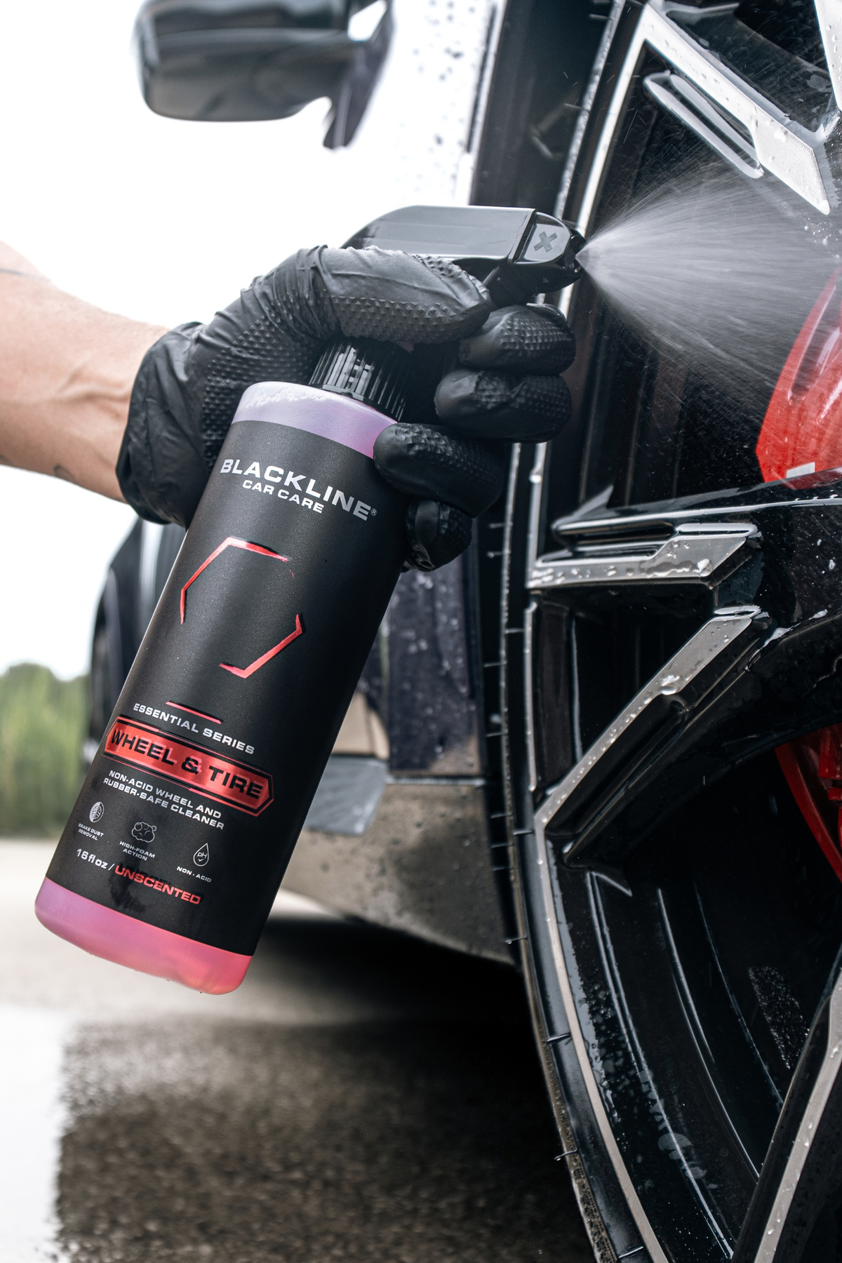 Clean alloy wheel spokes close-up after Blackline Wheel and Tire cleaner treatment.