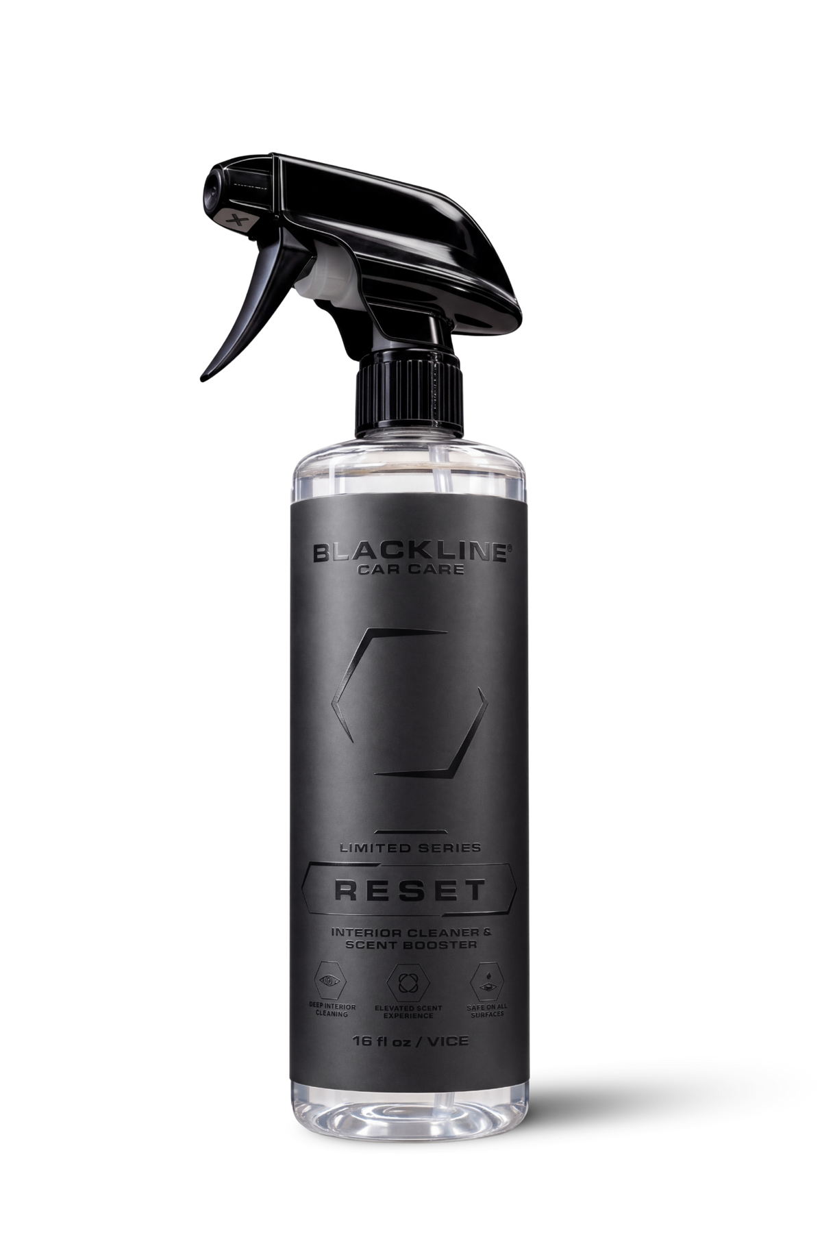 Blackline Reset scented interior cleaner black spray bottle on dark background