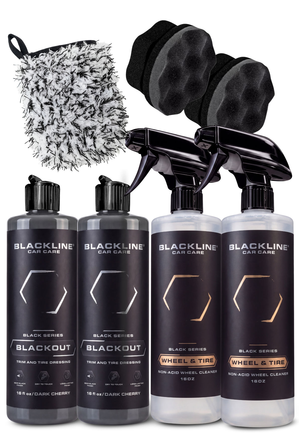 Blackline Black Series Blackout tire shine promotional offer bundle on dark background