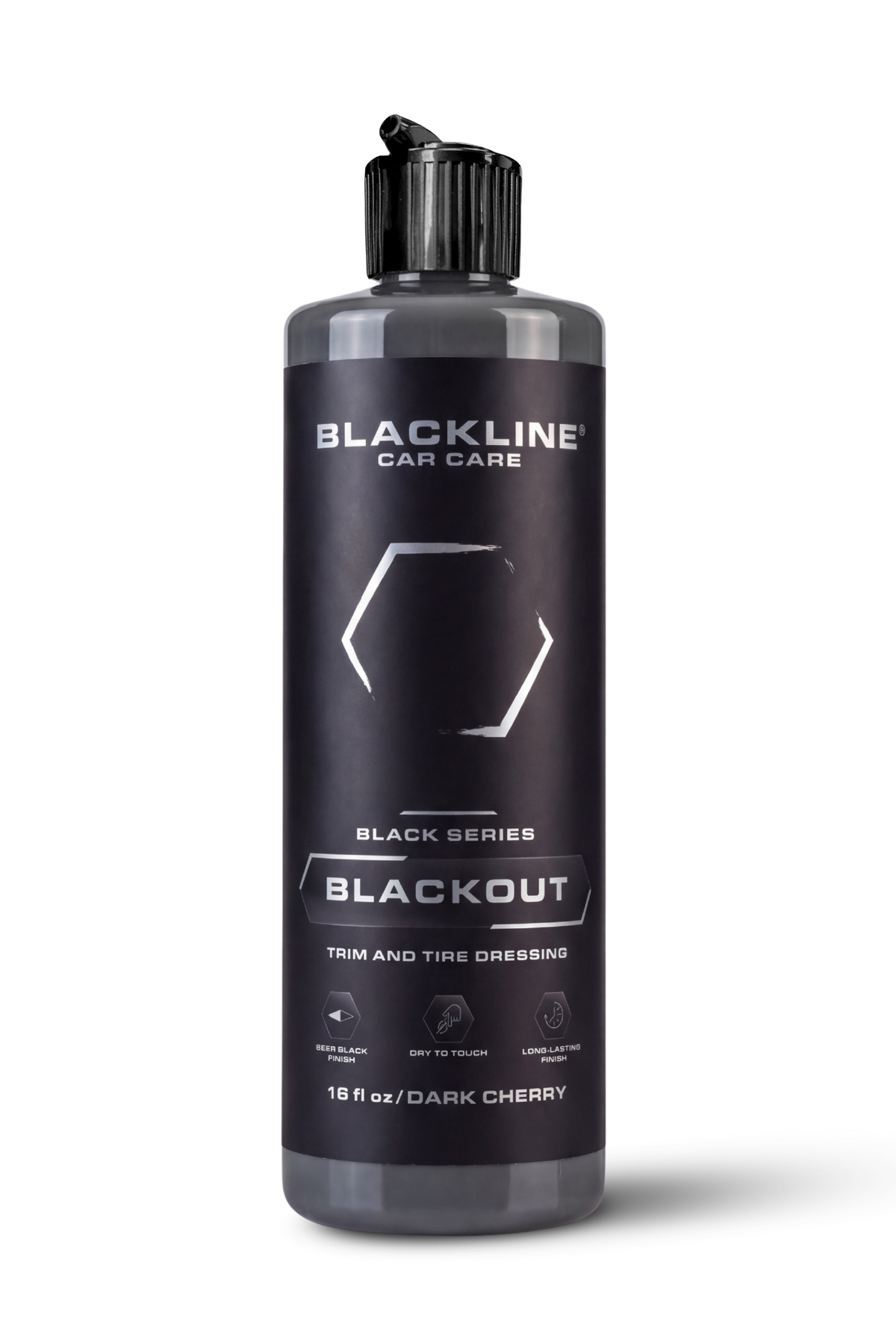 Blackline Blackout trim and tire dressing single bottle in Black Series packaging.