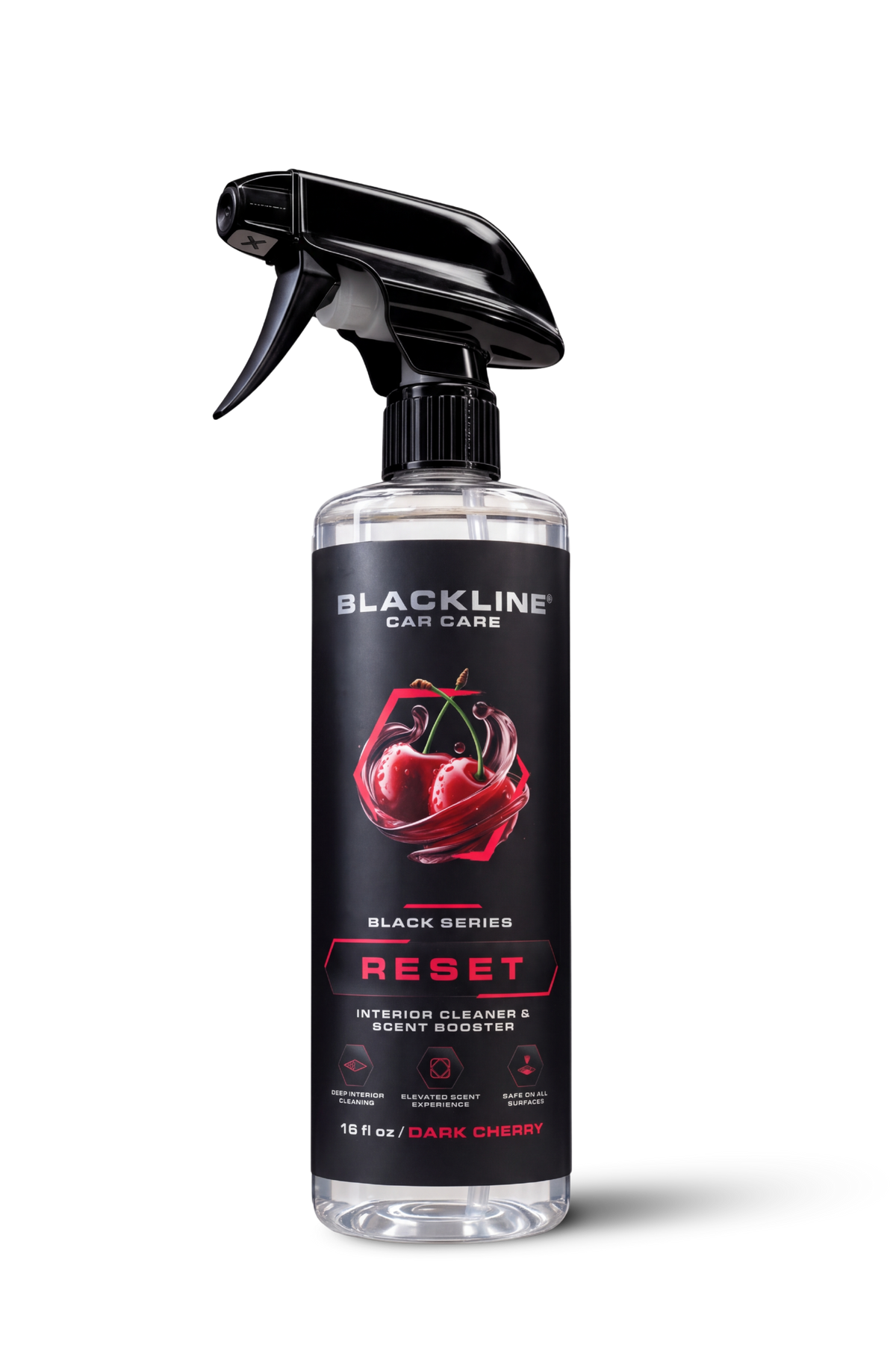 Blackline Reset Interior Cleaner Dark Cherry single black spray bottle on white background