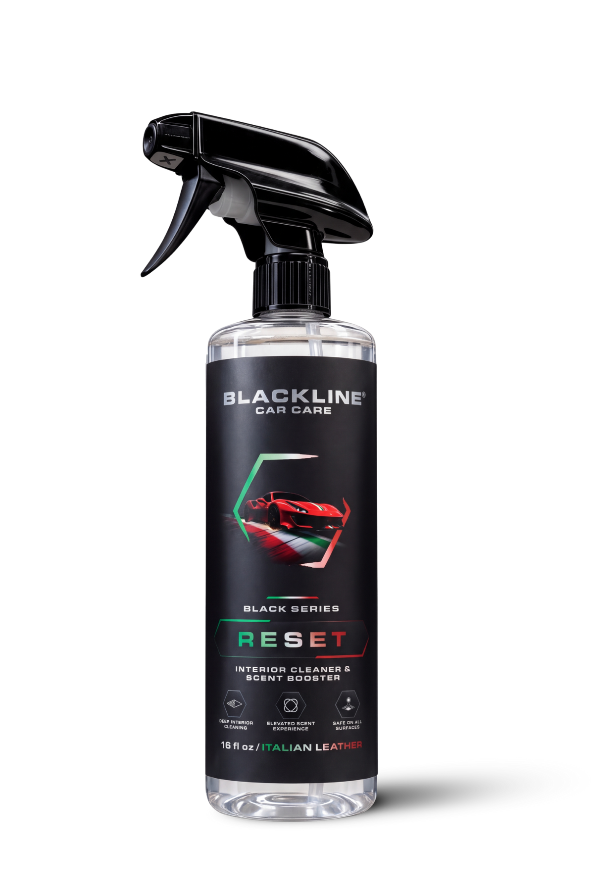 Blackline Reset Interior Cleaner Italian Leather single black spray bottle on white background