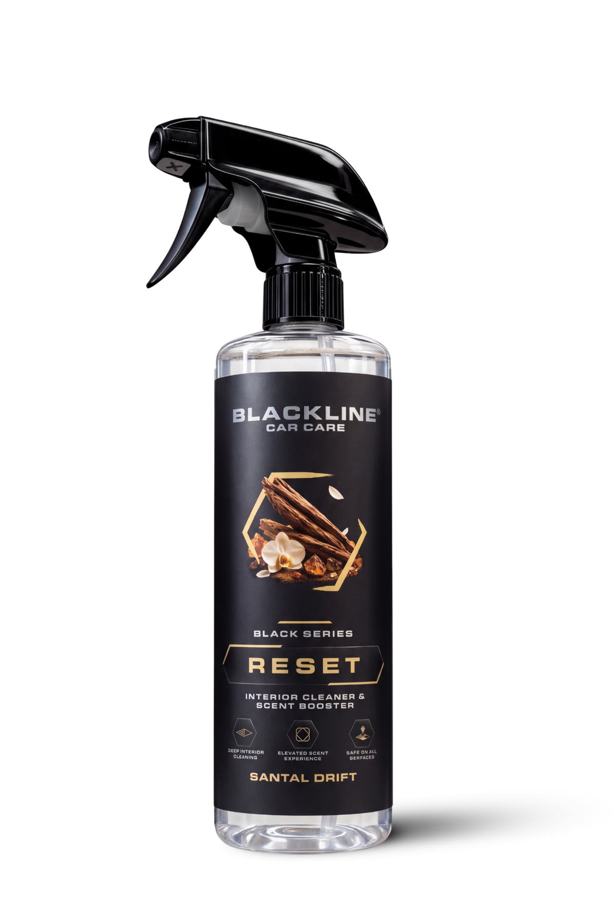 Blackline Reset Interior Cleaner Santal Drift single black spray bottle on dark background