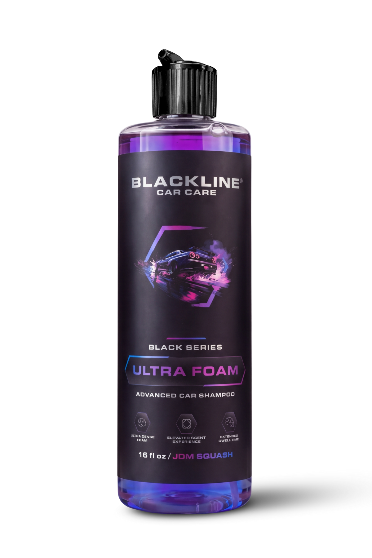 Blackline Ultra Foam car shampoo in JDM Squash scent, 16oz black bottle