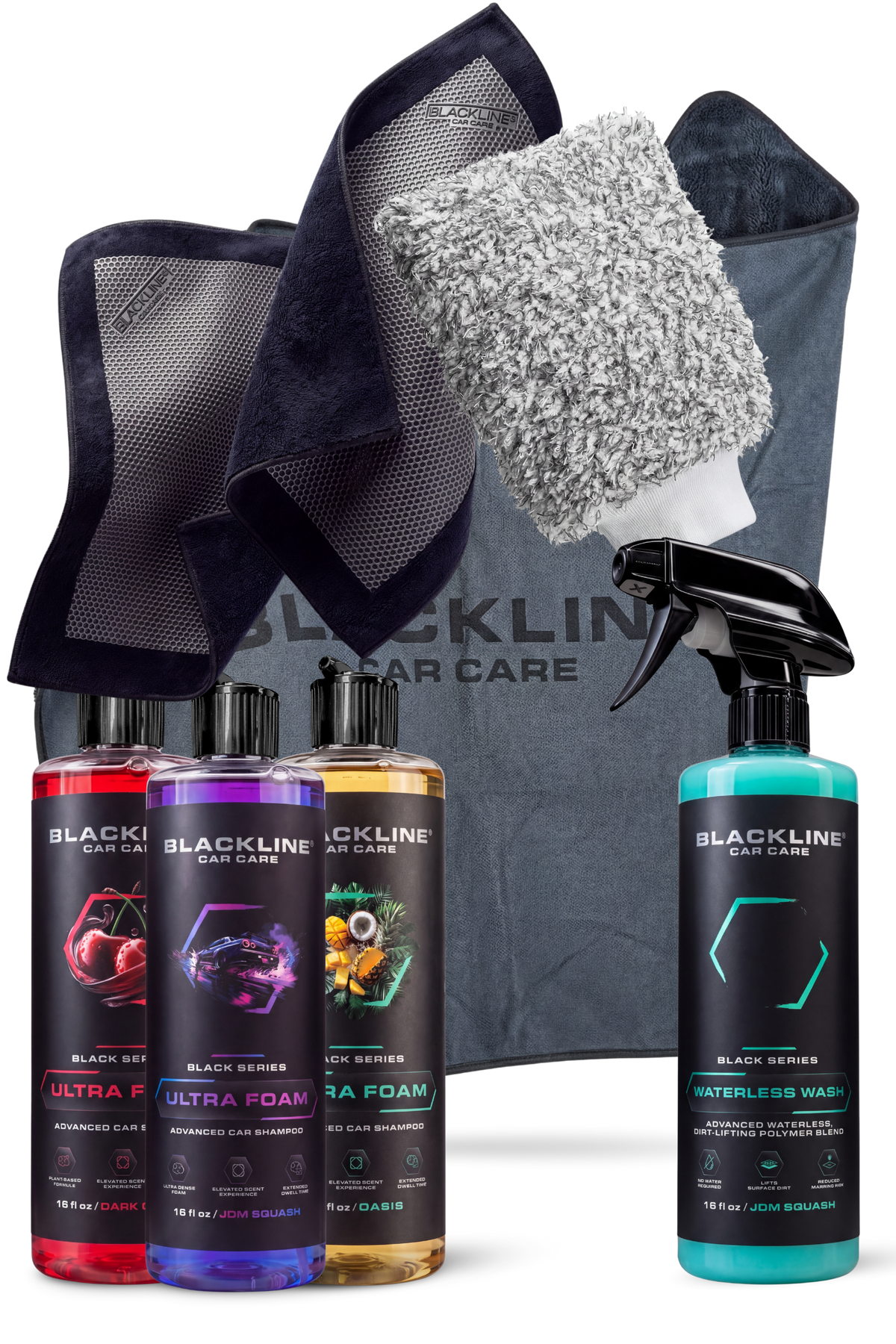 Blackline paint revival bundle with Sweet scented Reset interior cleaner on dark background
