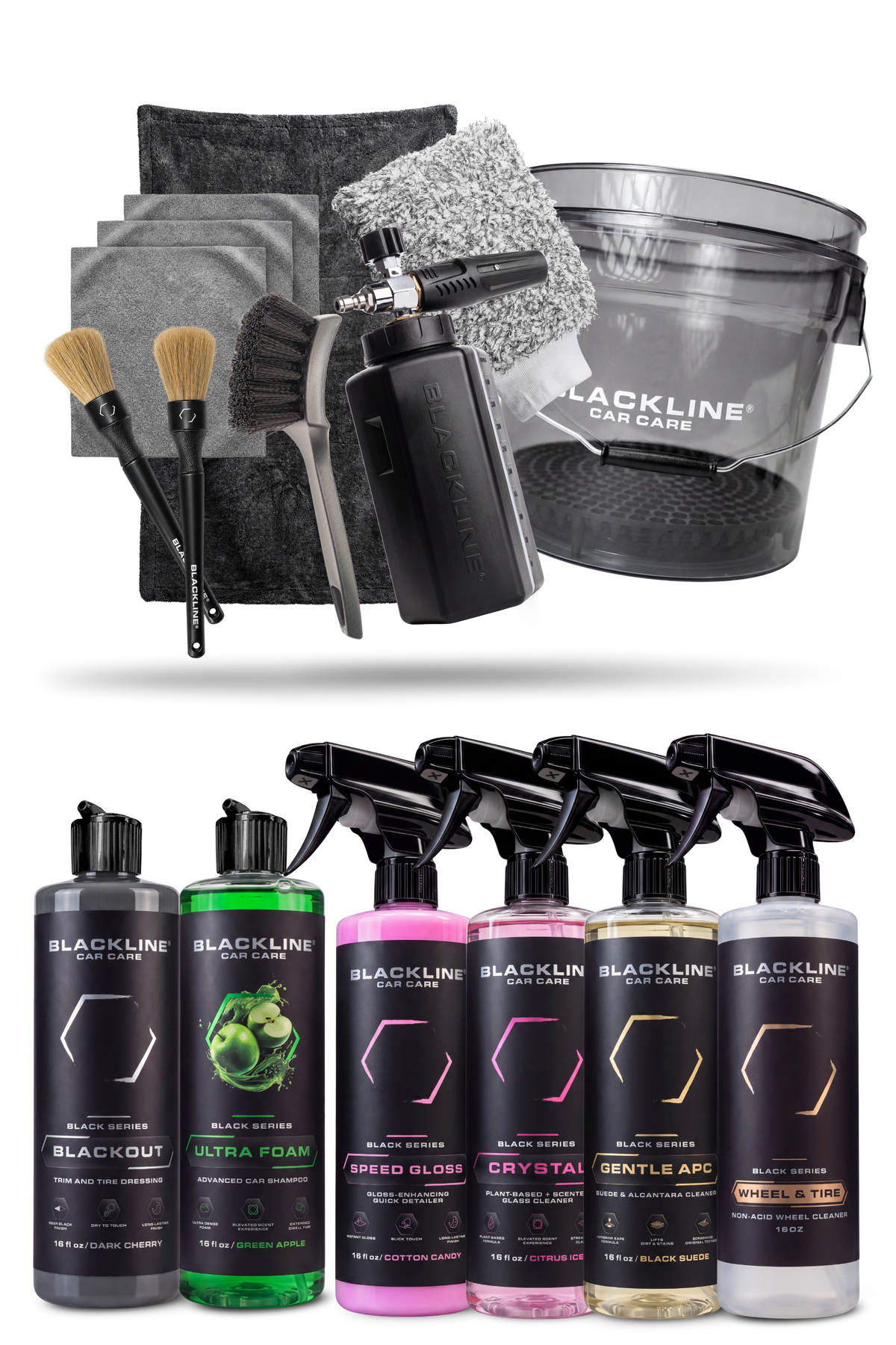 Blackline Blackout detailing kit with collapsible wash bucket included.