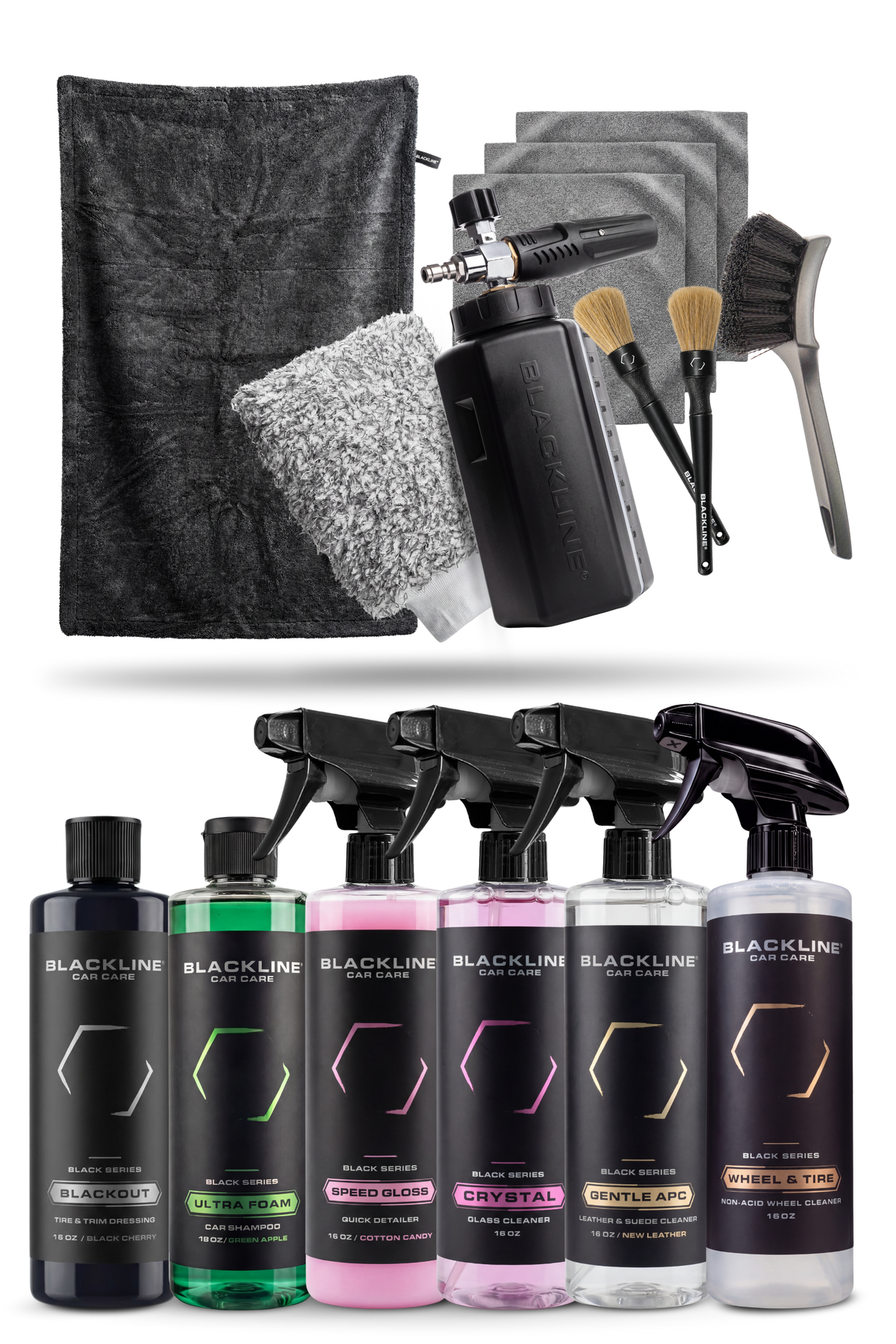 Blackline Blackout detailing kit without bucket, products-only flat lay.