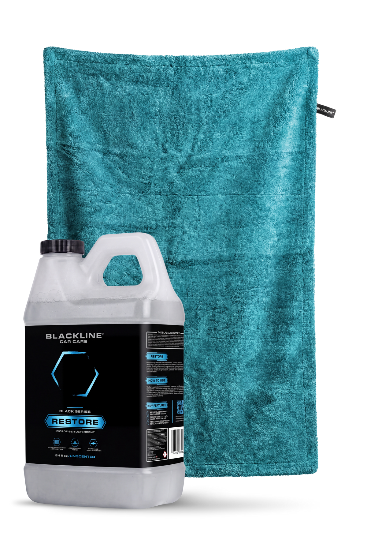 Blackline Drying Towel Care Bundle in Aqua colorway with 64oz Restore detergent