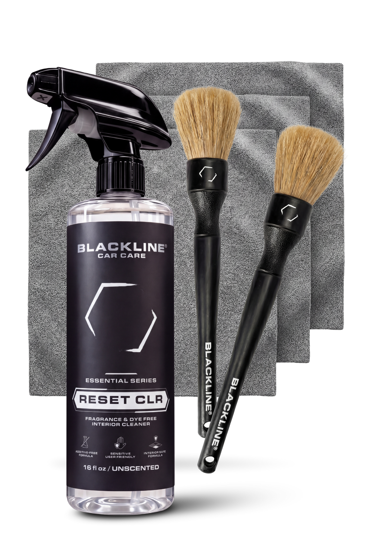 Blackline Reset CLR with essential detailing products collection on dark surface
